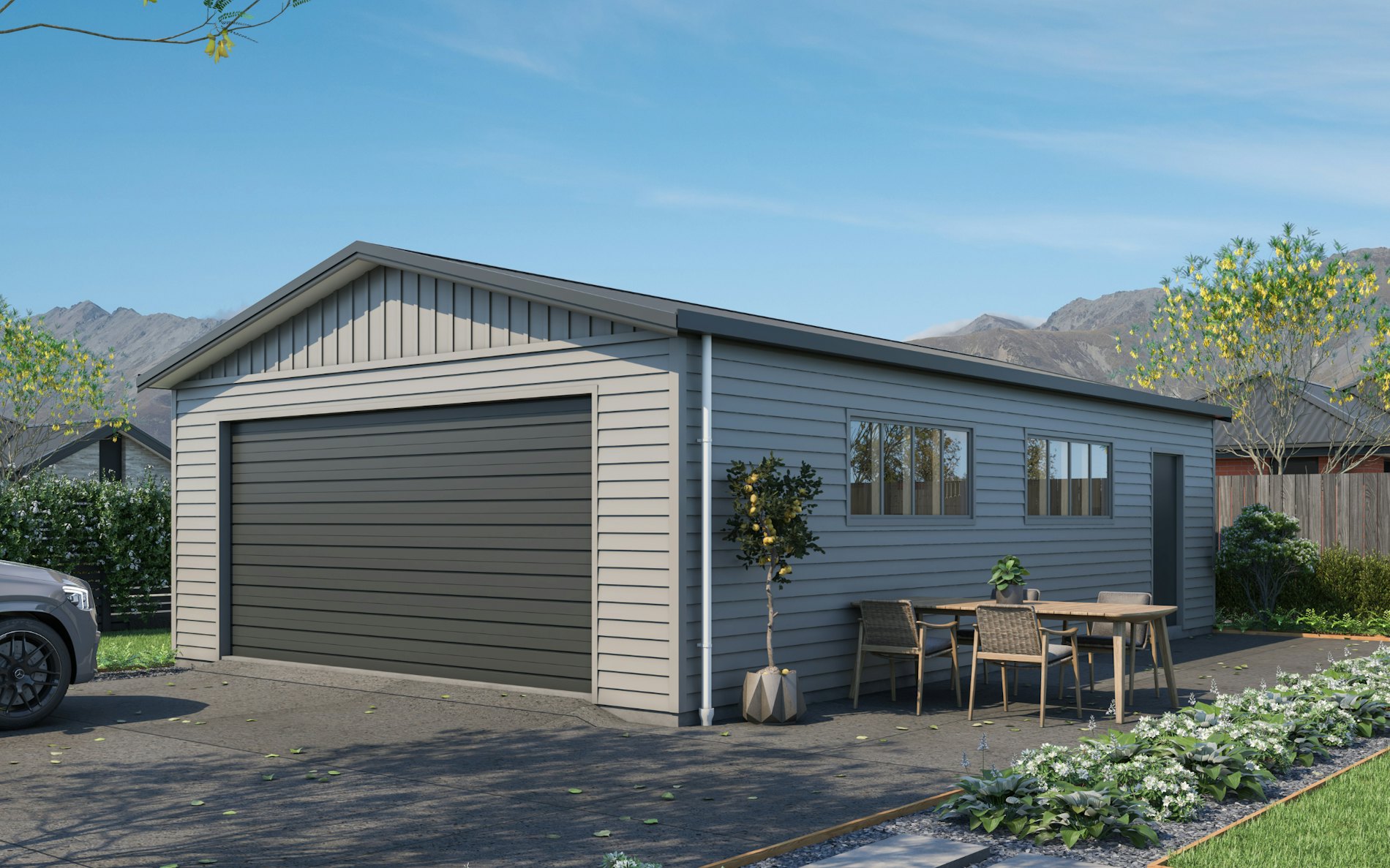 Pictured with Versaclad cladding in COLORSTEEL® Sandstone Grey and FlaxPod® roof, doors and trims. Image is illustrative only.