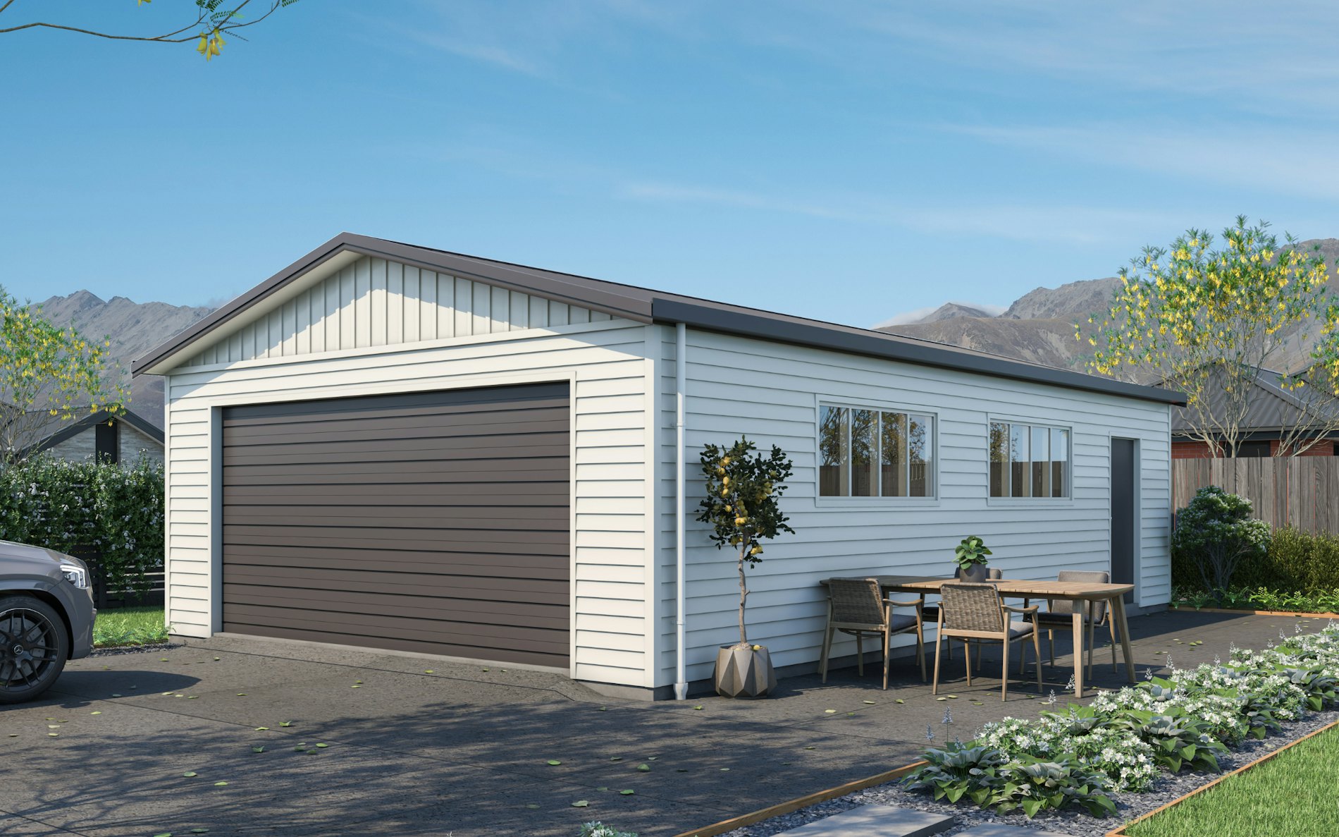 Pictured with Versaclad cladding in COLORSTEEL® Titania and Ironsand roof, doors and trims. Image is illustrative only.