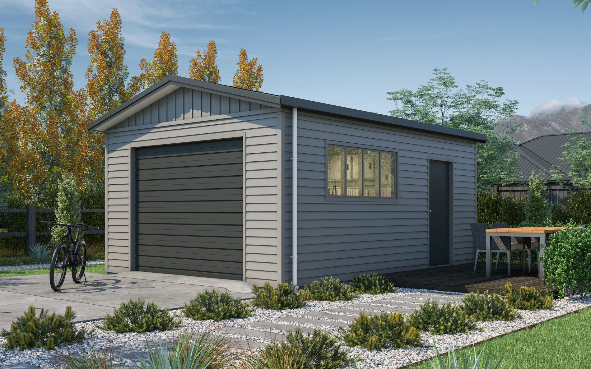 Pictured with Versaclad cladding in COLORSTEEL® Sandstone Grey and Flaxpod roof, doors and trims. Image is illustrative only.