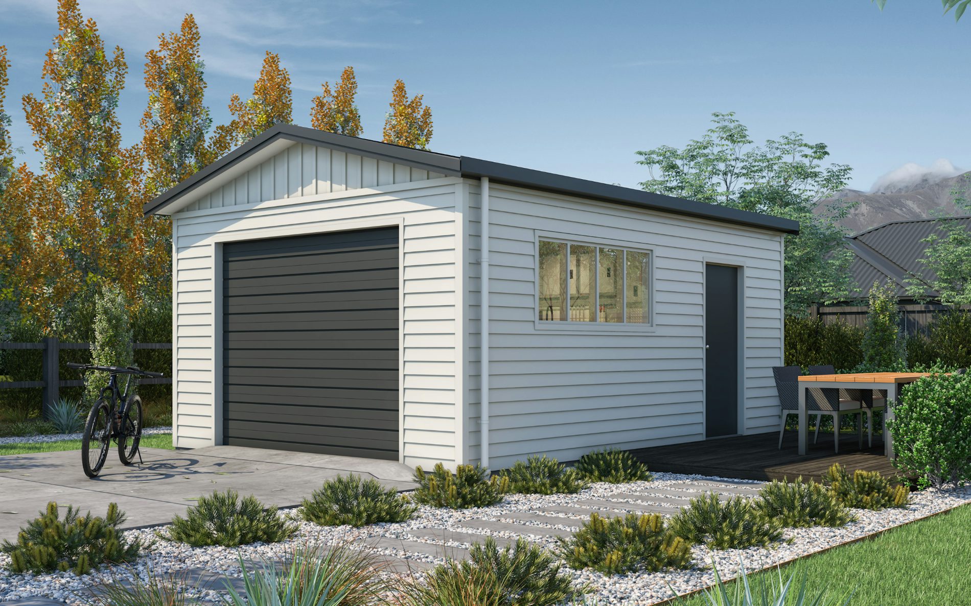 Pictured with Versaclad cladding in COLORSTEEL® Titania and FlaxPod® roof, doors and trims. Image is illustrative only.