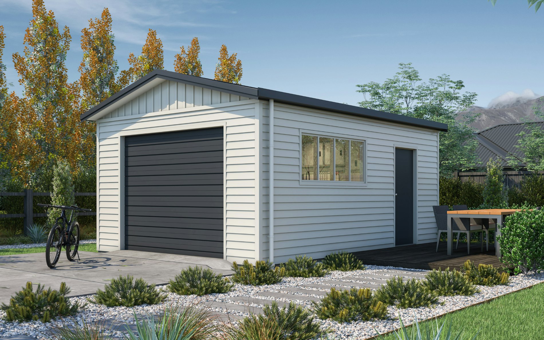 Pictured with Versaclad cladding in COLORSTEEL® Titania and Grey Friars roof, doors and trims. Image is illustrative only.