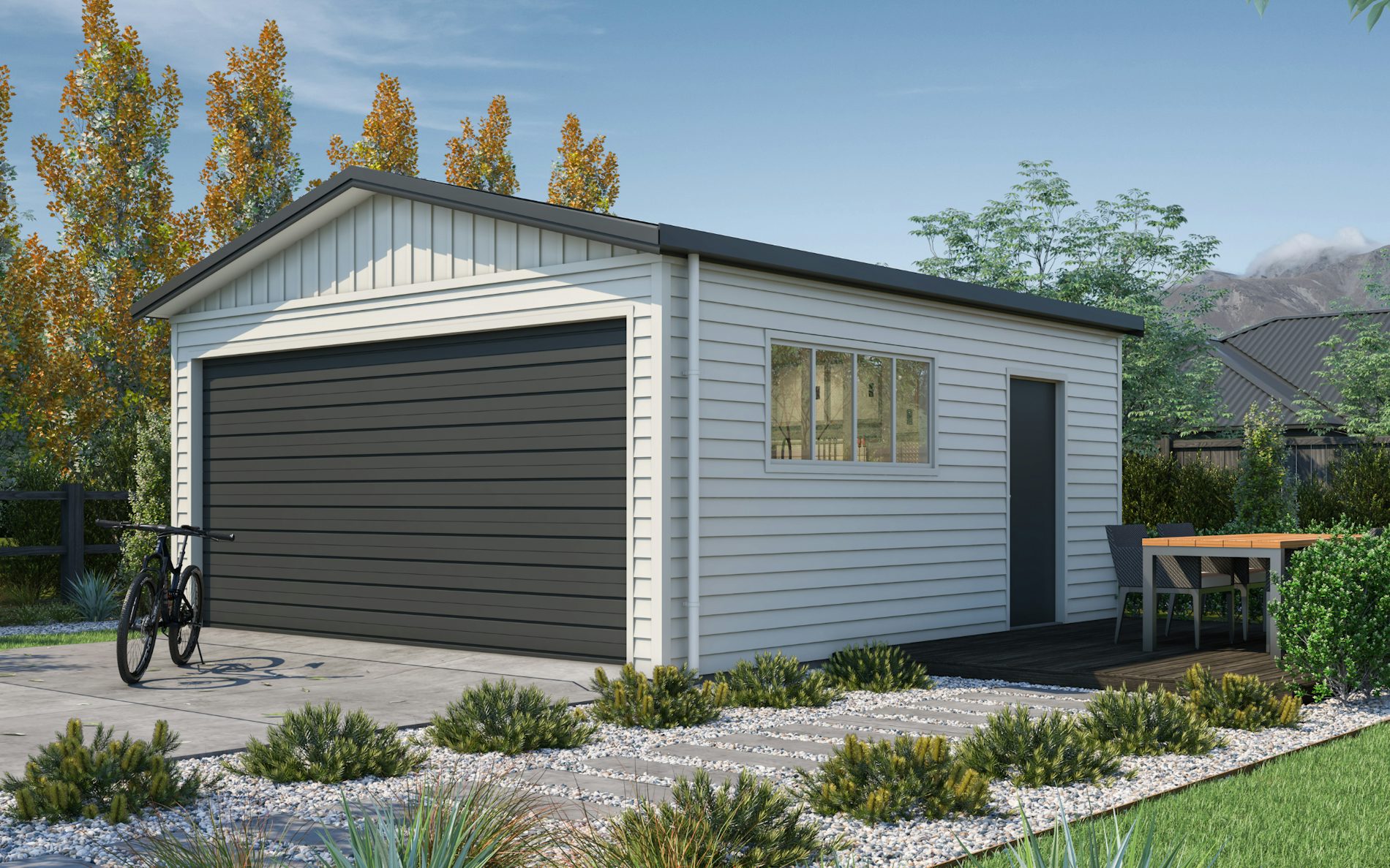 Pictured with Versaclad cladding in COLORSTEEL® Titania and FlaxPod® roof, doors and trims. Image is illustrative only.