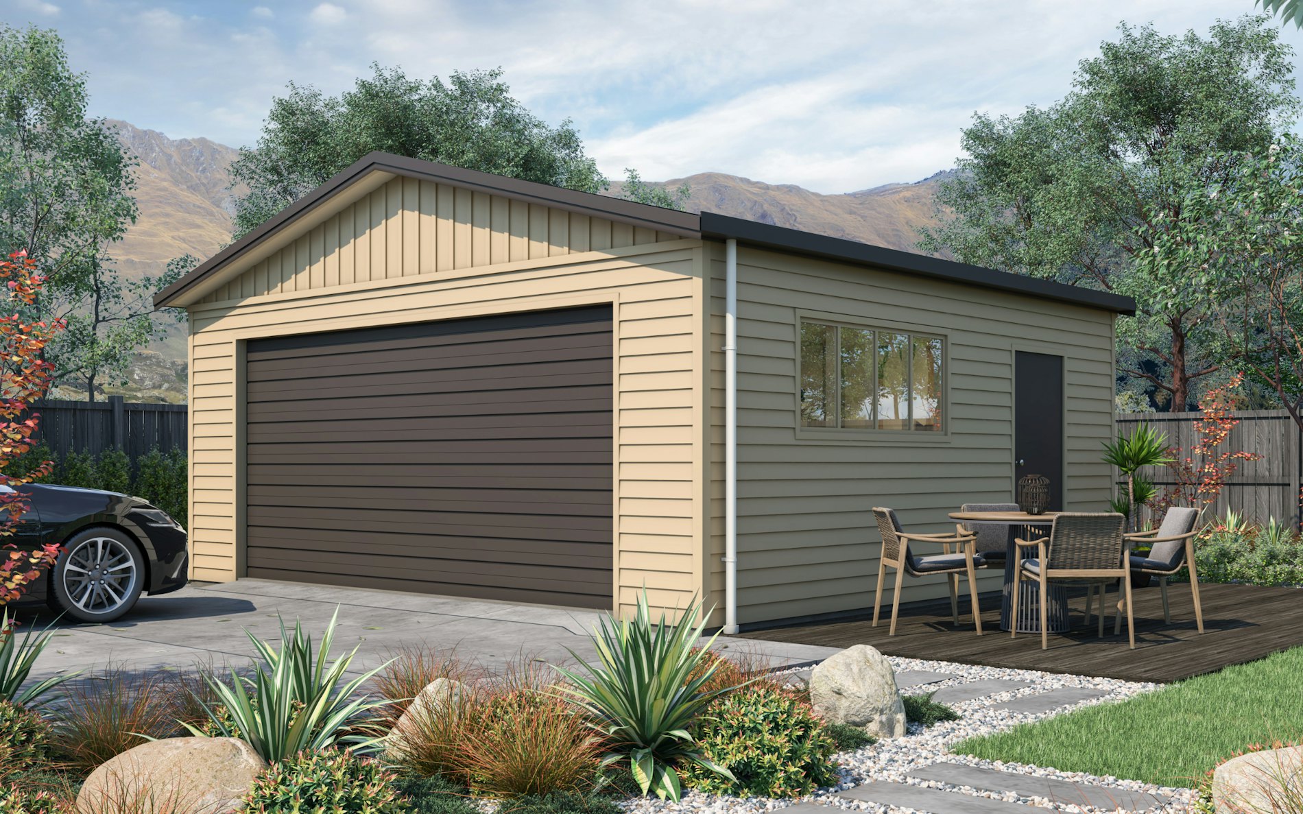 Pictured with Versaclad cladding in COLORSTEEL® Desert Sand and Ironsand roof, doors and trims. Image is illustrative only.
