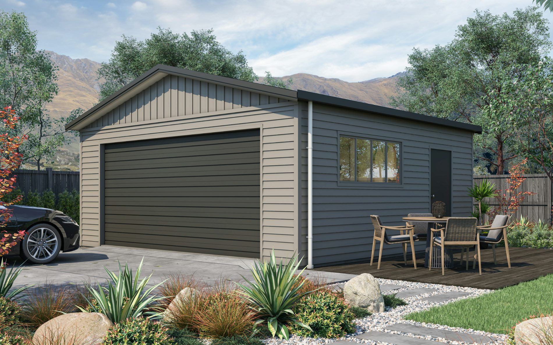 Pictured with Versaclad cladding in COLORSTEEL®  Sandstone Grey and Flaxpod roof, doors and trims. Image is illustrative only.