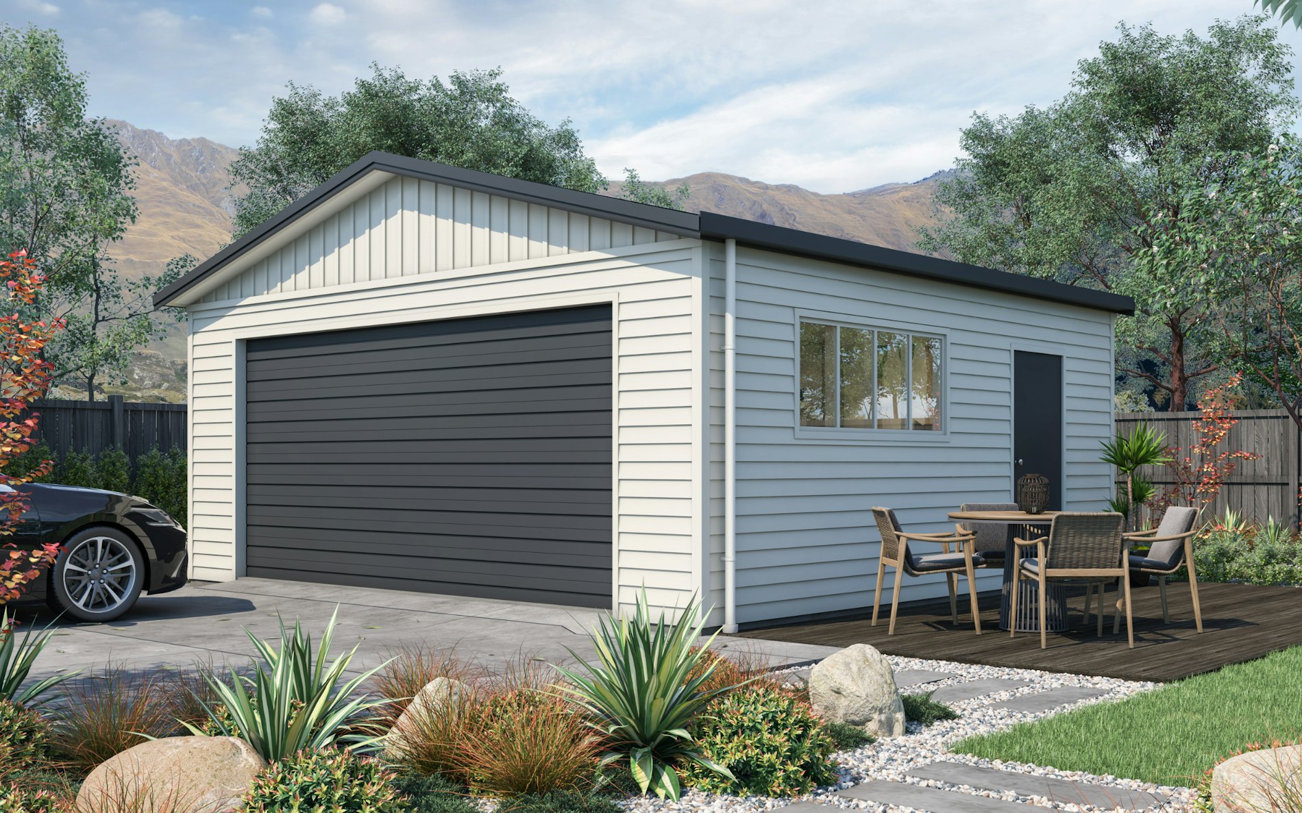 Pictured with Versaclad cladding in COLORSTEEL® Titania and Grey Friars roof, doors and trims. Image is illustrative only.