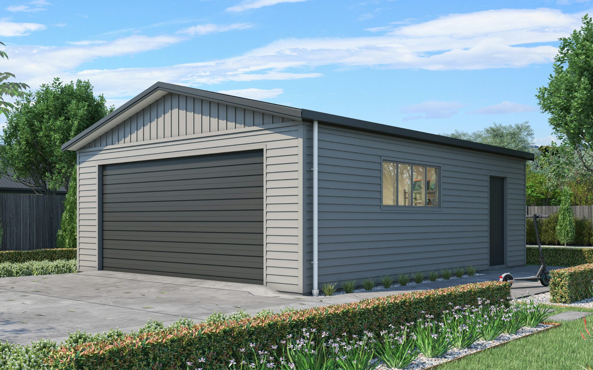 Pictured with Versaclad cladding in COLORSTEEL® Sandstone Grey and FlaxPod® roof, doors and trims. Image is illustrative only.