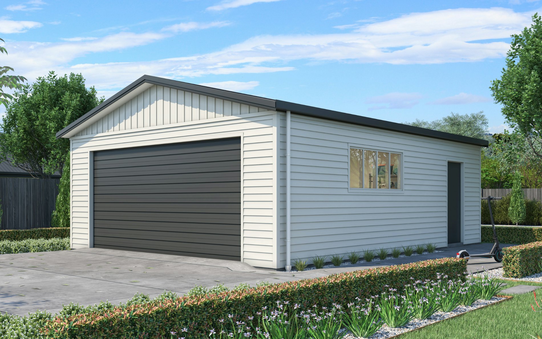 Pictured with Versaclad cladding in COLORSTEEL® Titania and FlaxPod® roof, doors and trims. Image is illustrative only.