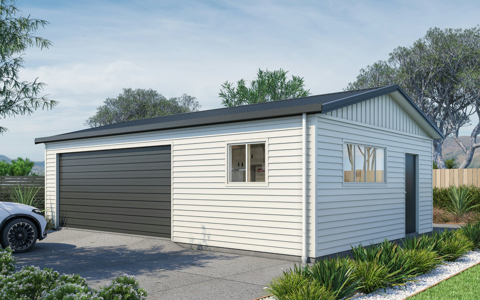 Pictured with Versaclad cladding in COLORSTEEL® Titania and FlaxPod® roof, doors and trims. Image is illustrative only.