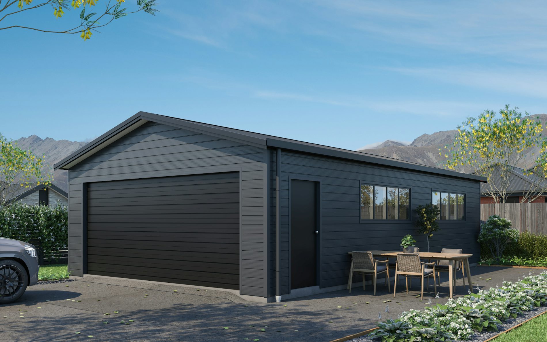 Pictured with Superclad™ cladding in COLORSTEEL® Grey Friars & Ebony roof, doors and trims. Image illustrative only.