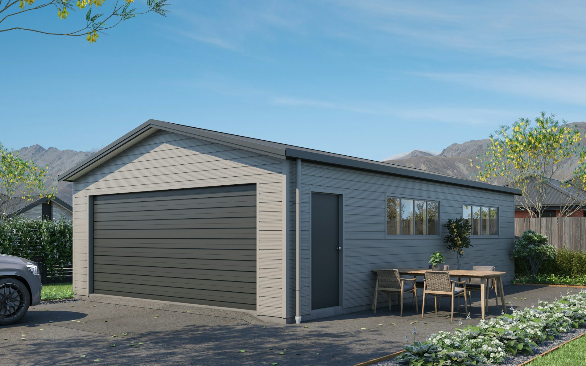 Pictured with Superclad™ cladding in COLORSTEEL® Sandstone Grey & FlaxPod®. roof, doors and trims. Image illustrative only.