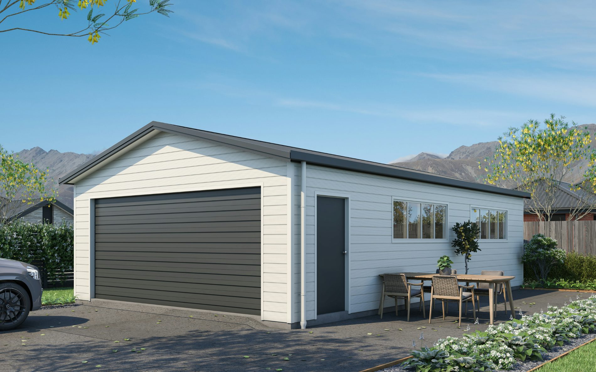 Pictured with Superclad™ cladding in COLORSTEEL® Titania & FlaxPod® roof, doors and trims. Image illustrative only.
