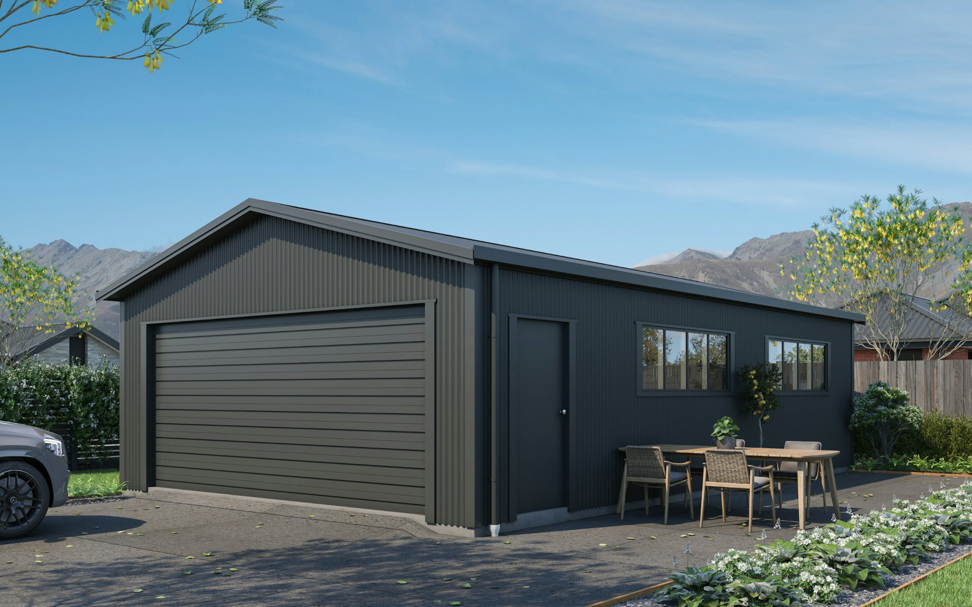 Pictured with vertical Corrugate cladding in COLORSTEEL FlaxPod®. Image is illustrative only.