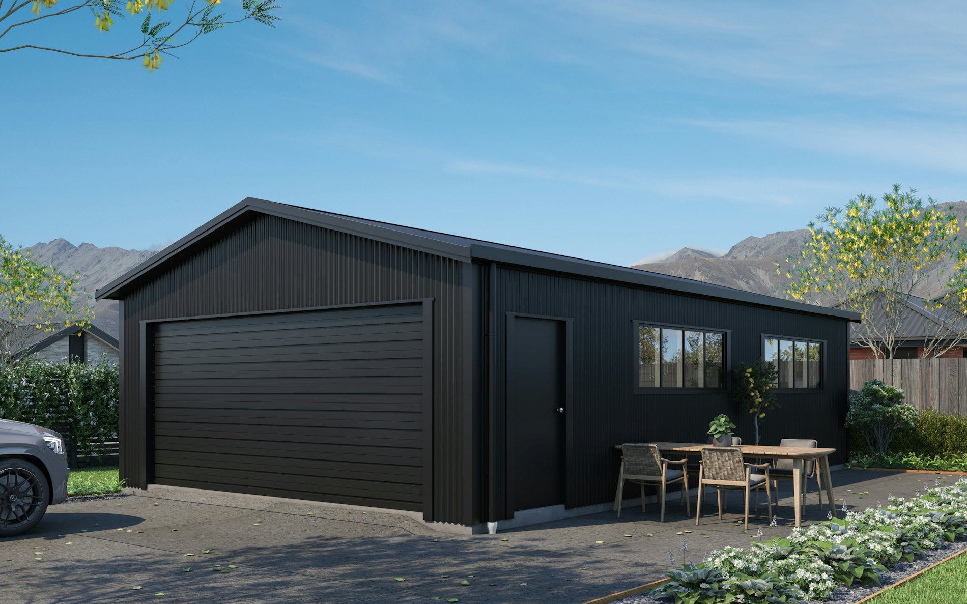 Pictured with vertical Corrugate cladding in COLORSTEEL Ebony. Image is illustrative only.