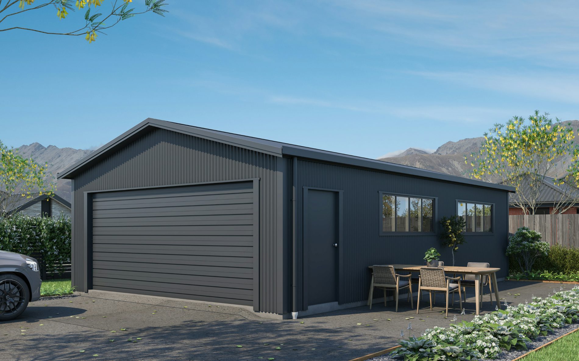 Pictured with vertical Corrugate cladding in COLORSTEEL Grey Friars. Image is illustrative only.