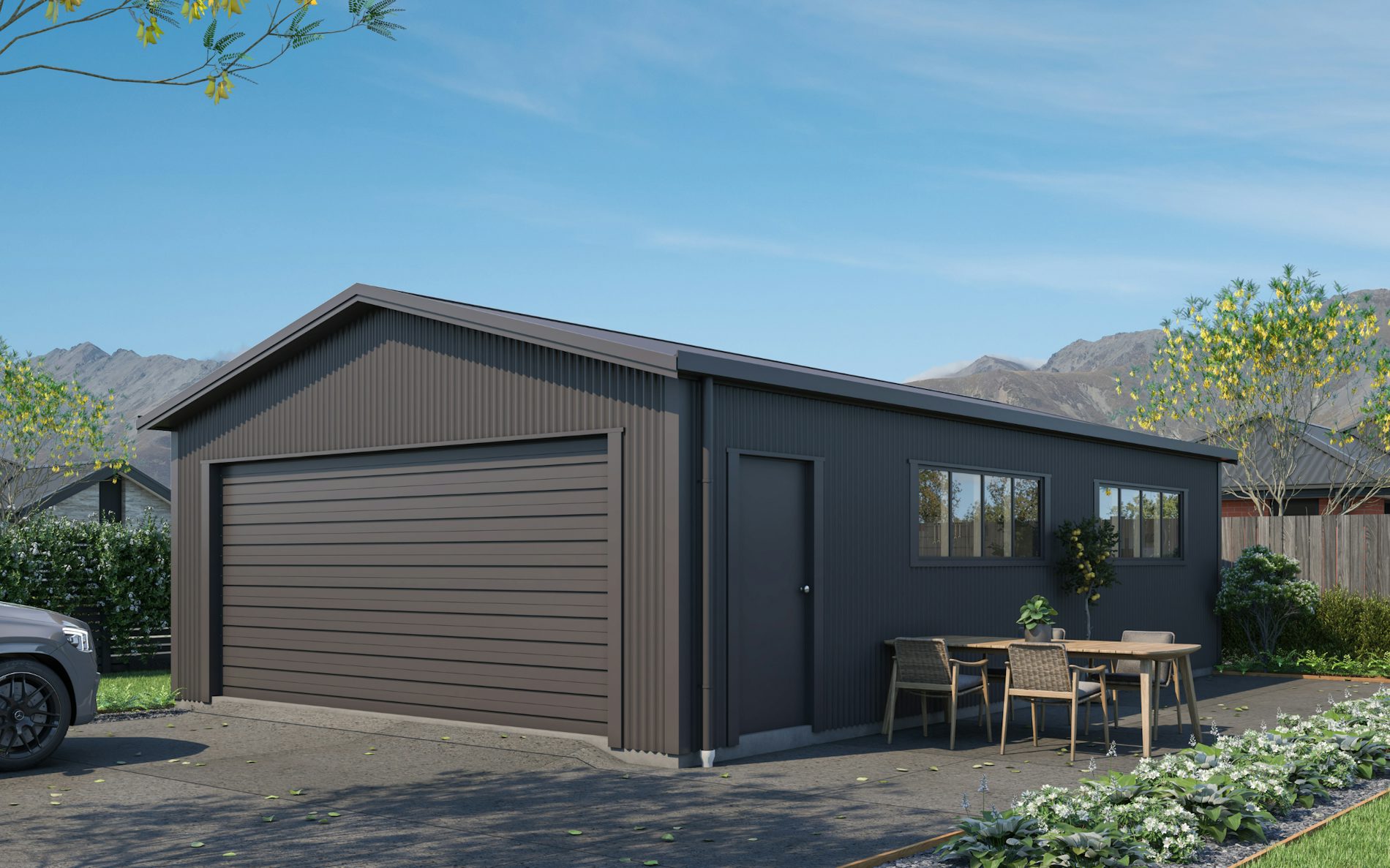 Pictured with vertical Corrugate cladding in COLORSTEEL Ironsand. Image is illustrative only.