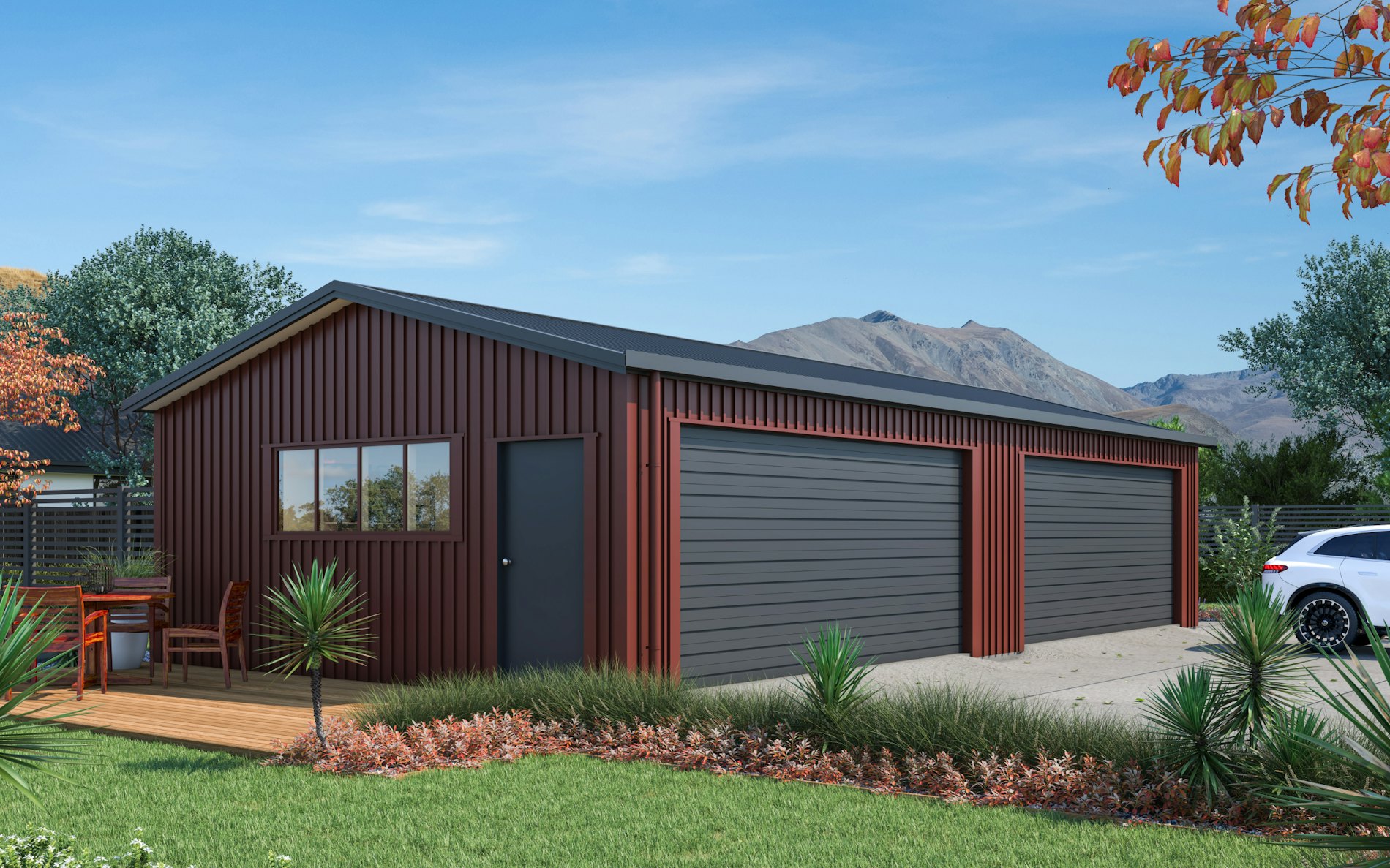 Pictured with 6-Rib Corrugate cladding in COLORSTEEL® Scoria and Grey Friars roof, doors and trims. Image is illustrative only.