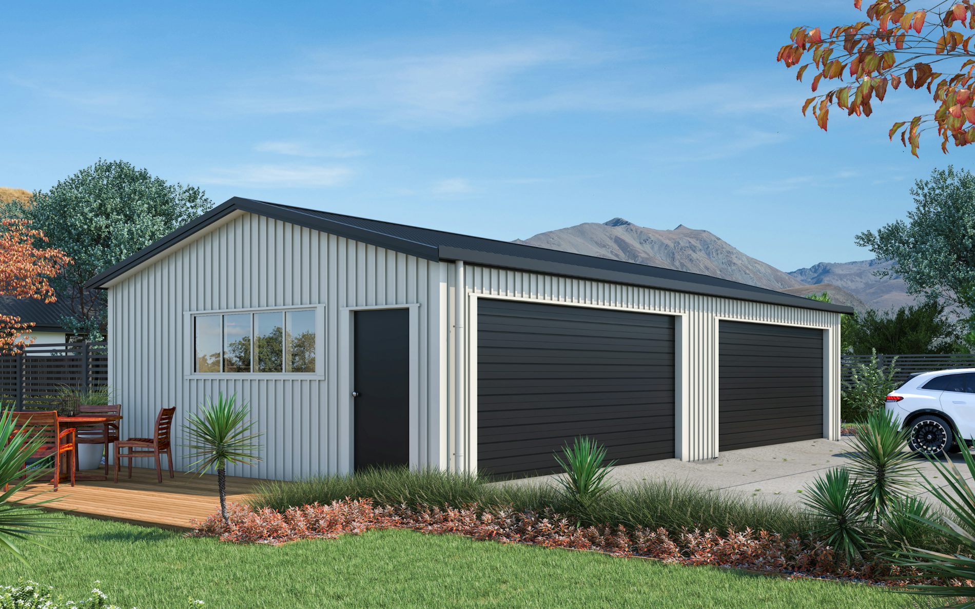 Pictured with 6-Rib Corrugate cladding in COLORSTEEL® Titania and Ebony roof, doors and trims. Image is illustrative only.