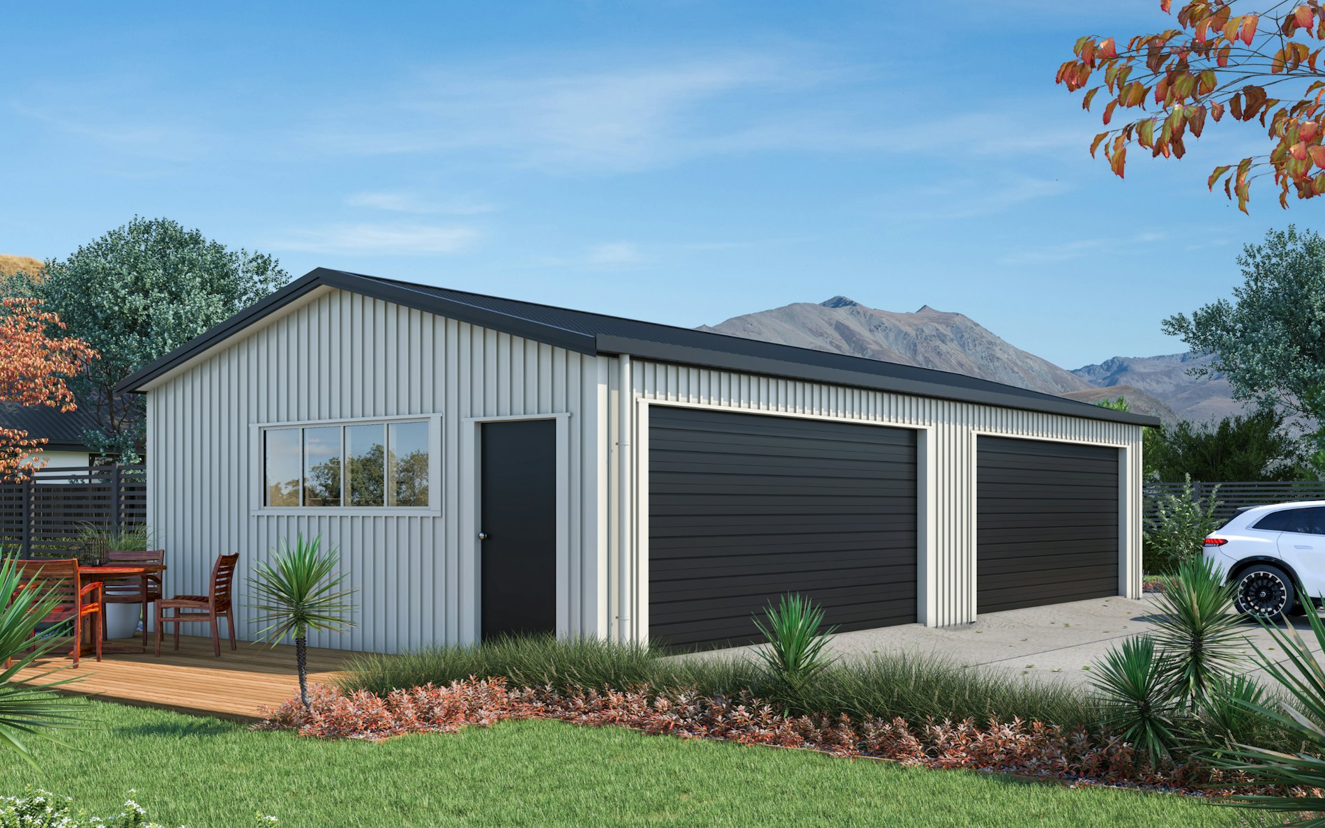 Pictured with 6-Rib Corrugate cladding in COLORSTEEL® Titania and Ebony roof, doors and trims. Image is illustrative only.