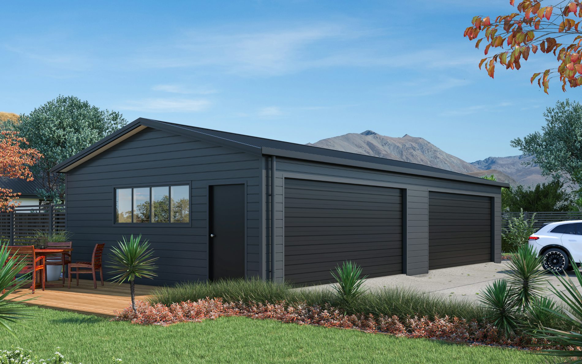 Pictured with Superclad™ cladding in COLORSTEEL® Grey Friars and Ebony roof, doors and trims. Image is illustrative only.