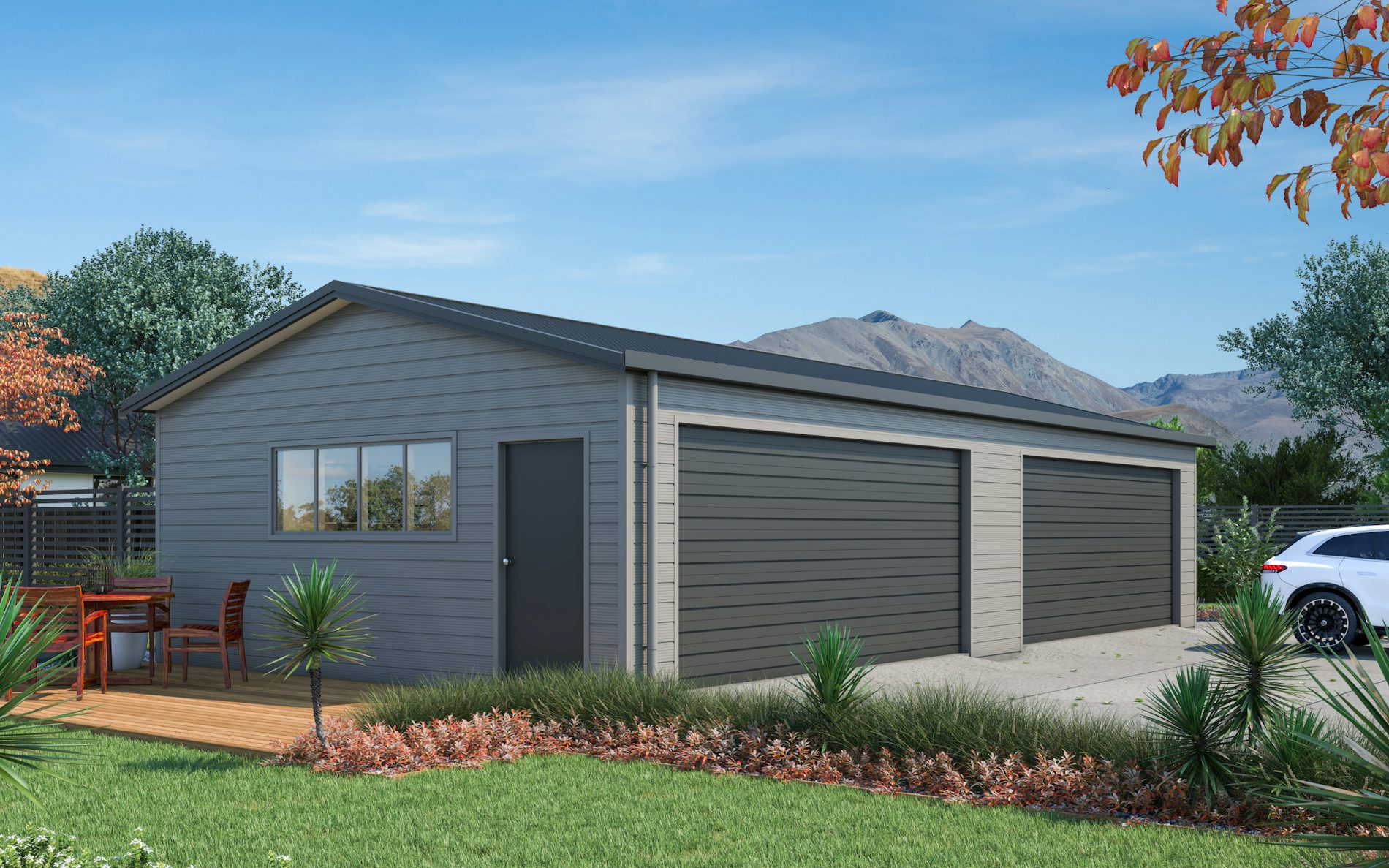 Pictured with Superclad™ cladding in COLORSTEEL® Sandstone Grey and FlaxPod® roof, doors and trims. Image is illustrative only.
