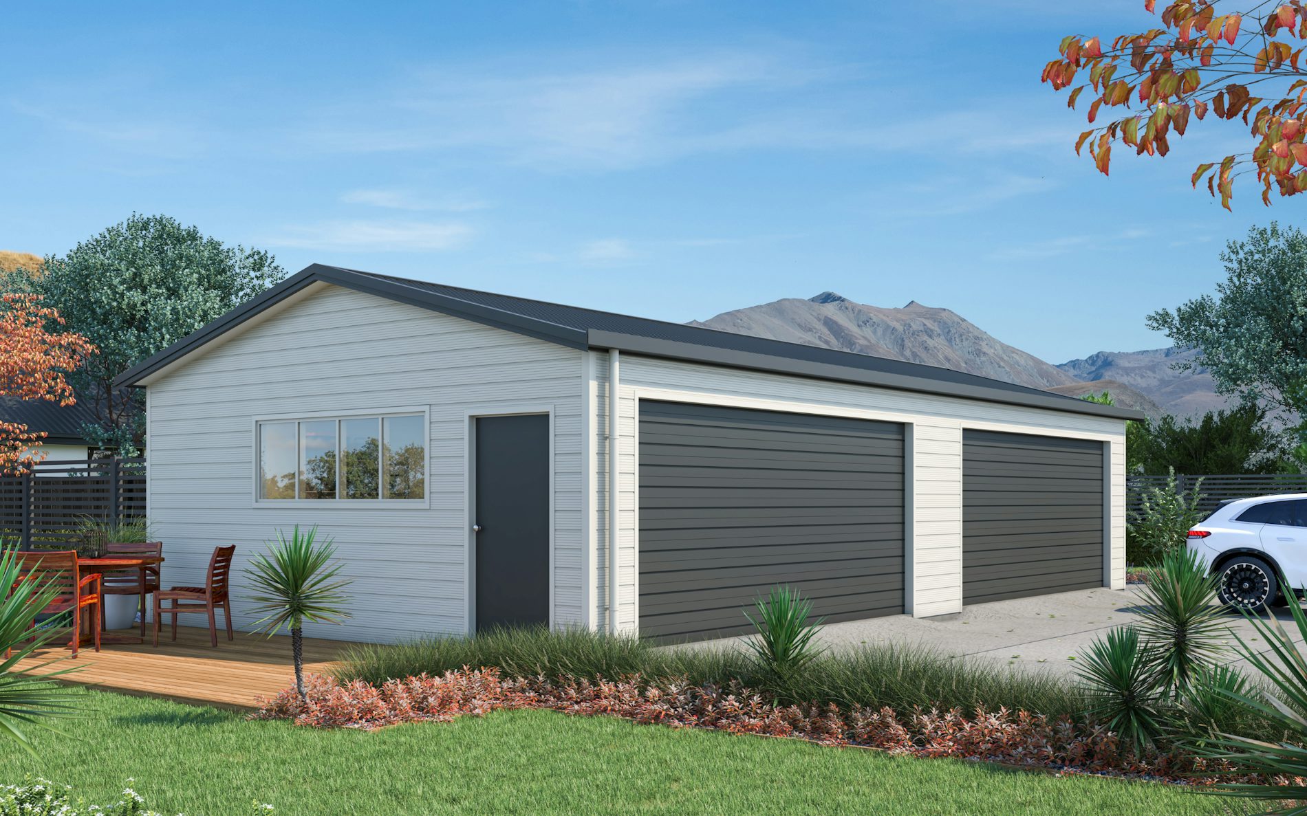 Pictured with Superclad™ cladding in COLORSTEEL® Titania and FlaxPod® roof, doors and trims. Image is illustrative only.