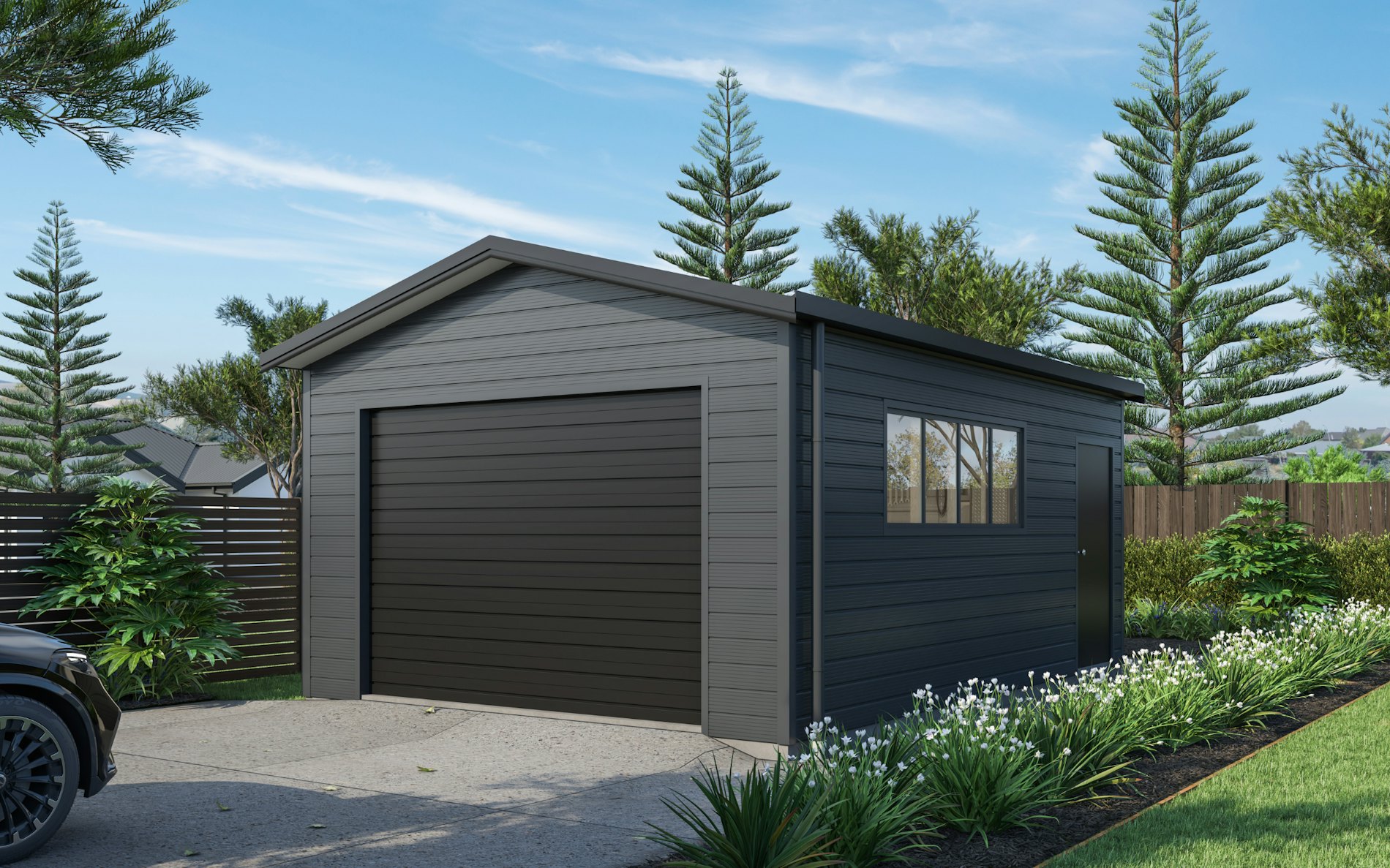 Pictured with Superclad™ cladding in COLORSTEEL® Grey Friars and Ebony roof, doors and trims. Image is illustrative only.