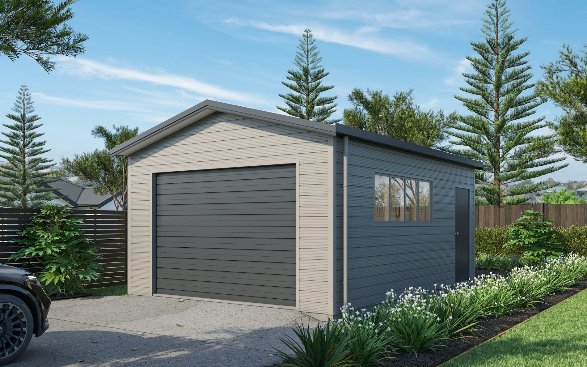 Pictured with Superclad™ cladding in COLORSTEEL® Sandstone Grey and Grey Friars roof, doors and trims. Image is illustrative only.