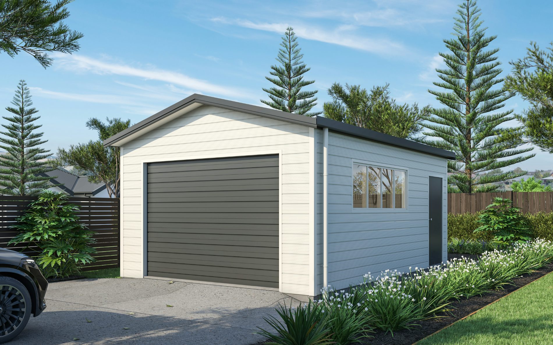 Pictured with Superclad™ cladding in COLORSTEEL® Titania and FlaxPod® roof, doors and trims. Image is illustrative only.