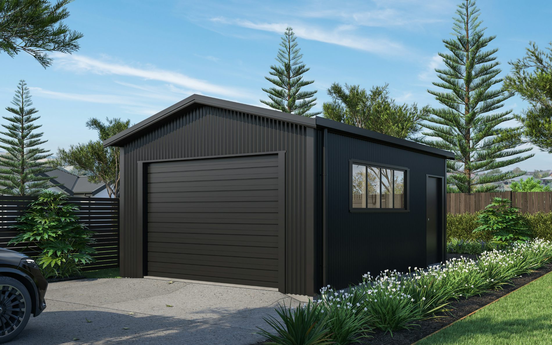 Pictured with Vertical Corrugate cladding in COLORSTEEL® Ebony. Image is illustrative only.