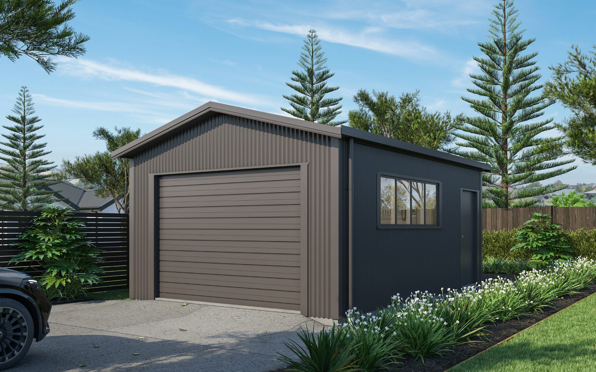 Pictured with Vertical Corrugate cladding in COLORSTEEL® Ironsand. Image is illustrative only.