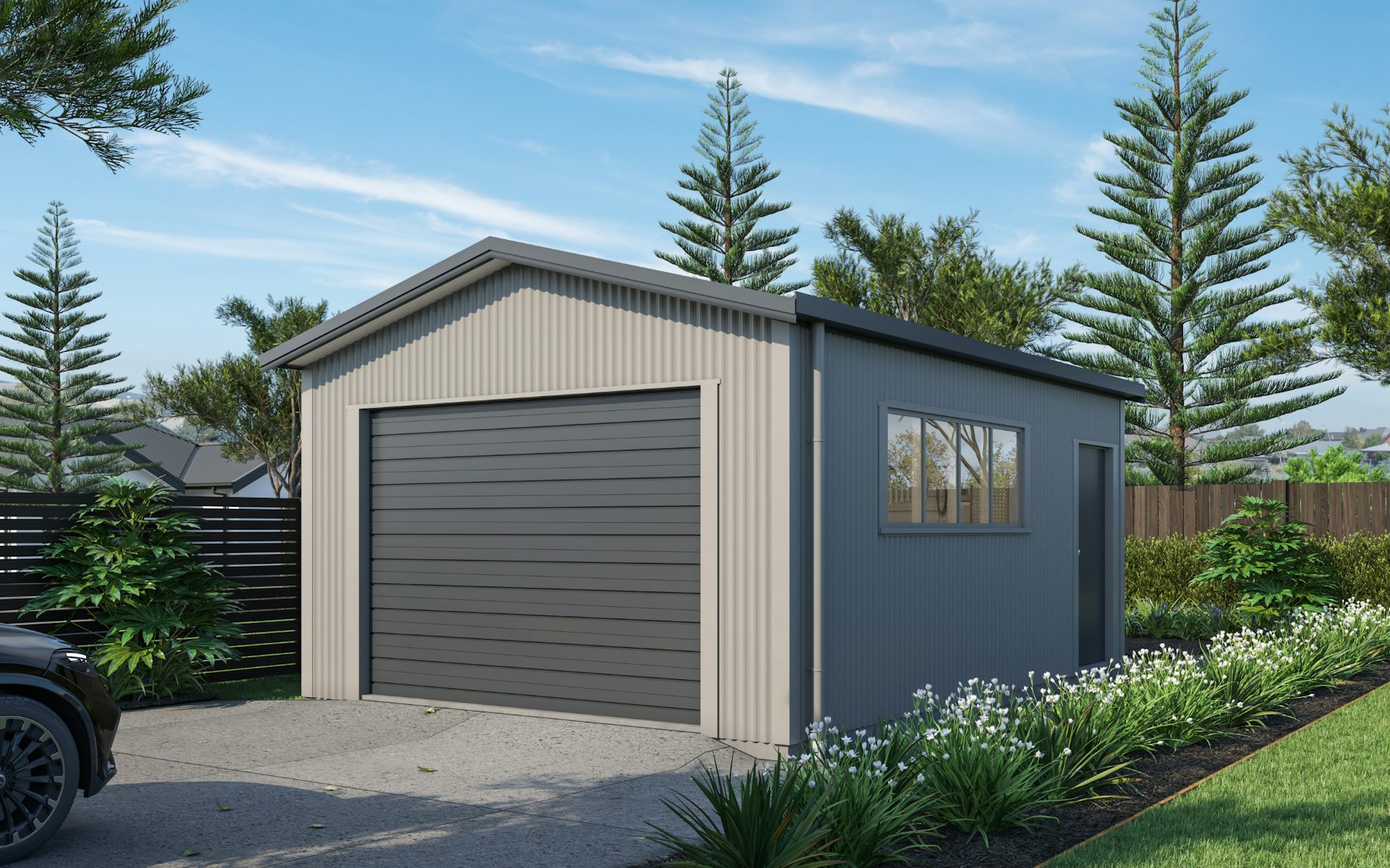 Pictured with Vertical Corrugate cladding in COLORSTEEL® Sandstone Grey and Grey Friars roof, doors and trims. Image is illustrative only.