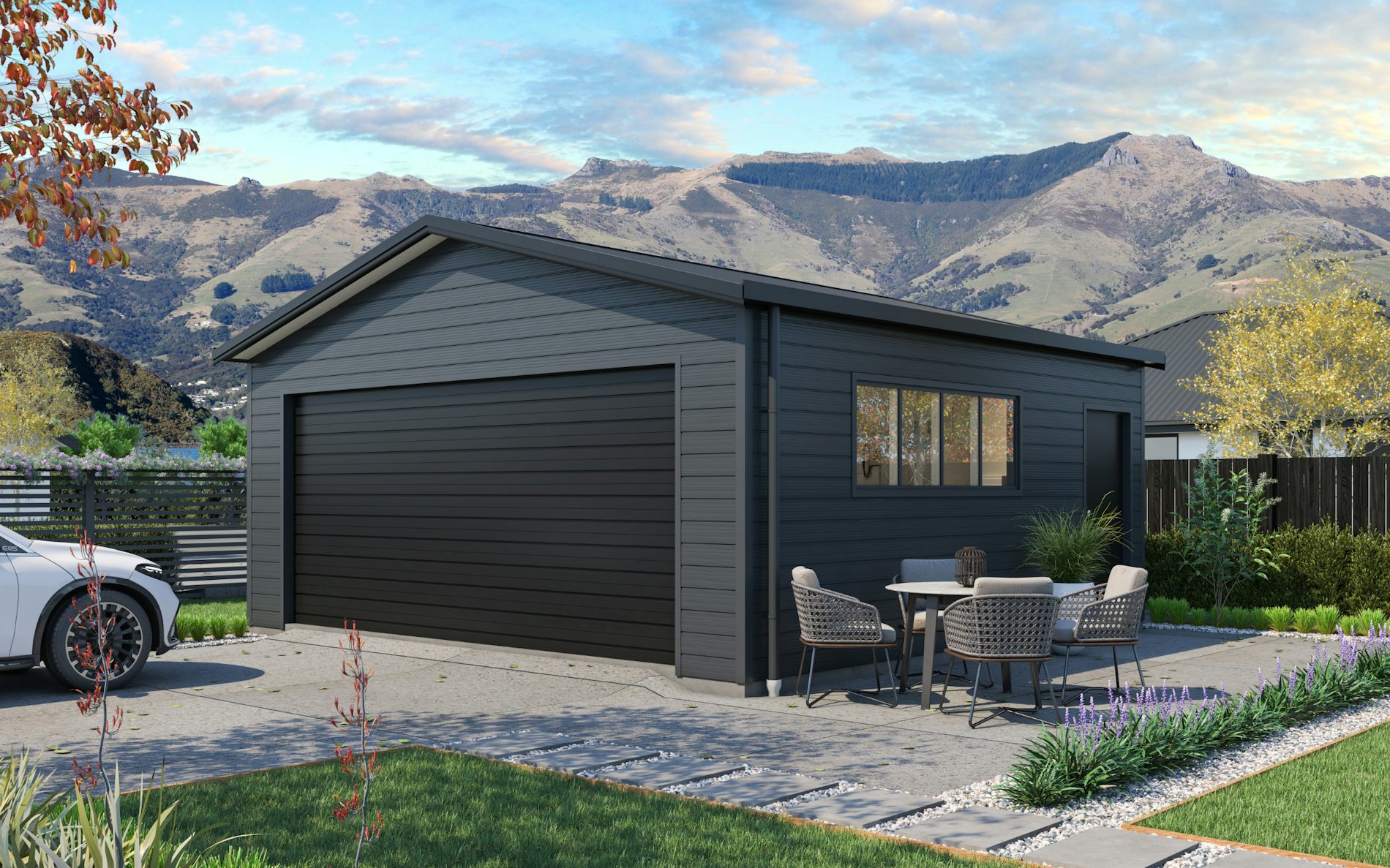 Pictured with Superclad™ cladding in COLORSTEEL® Grey Friars and Ebony roof, doors and trims. Image is illustrative only.