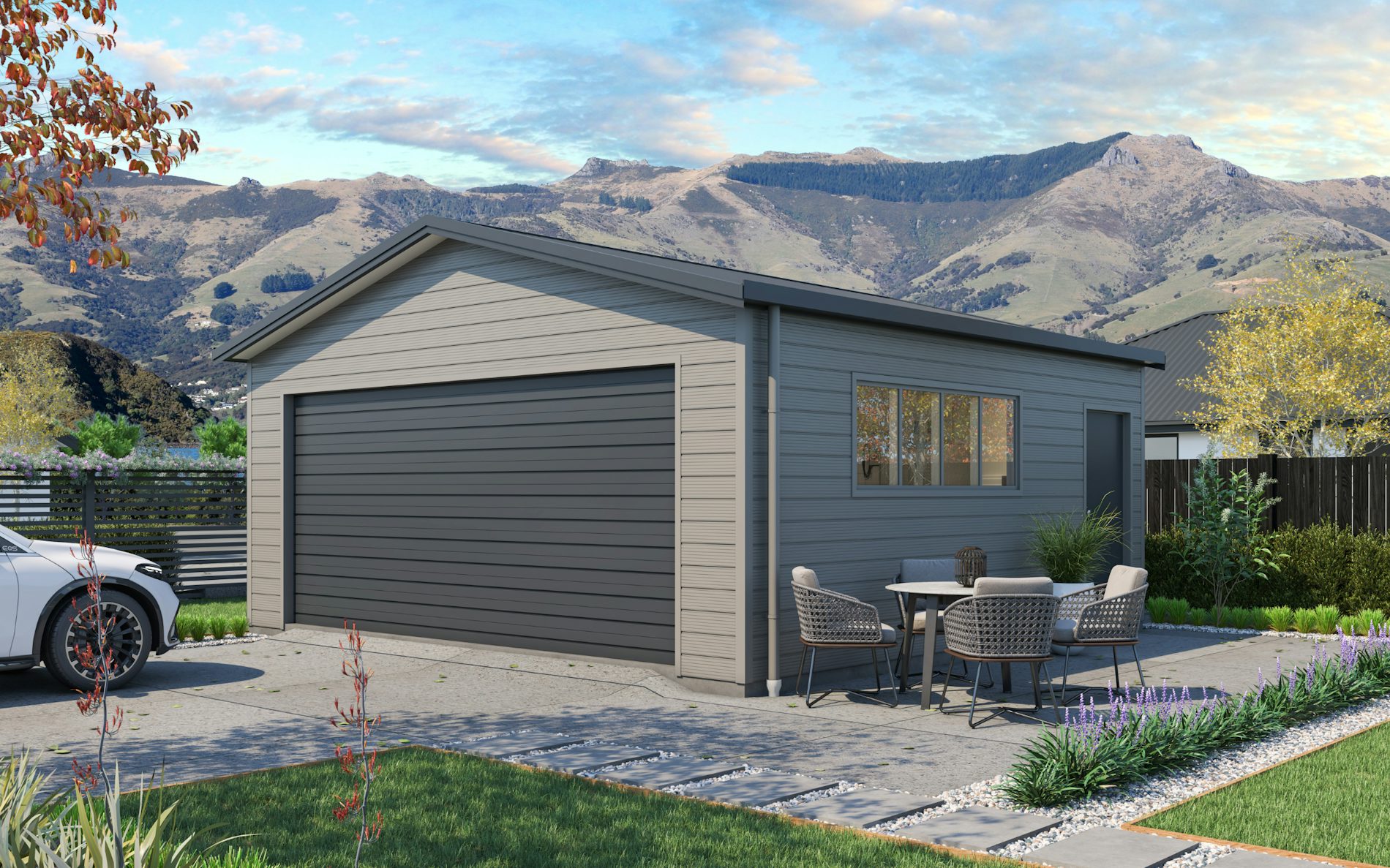 Pictured with Superclad™ cladding in COLORSTEEL® Sandstone Grey and Grey Friars roof, doors and trims. Image is illustrative only.