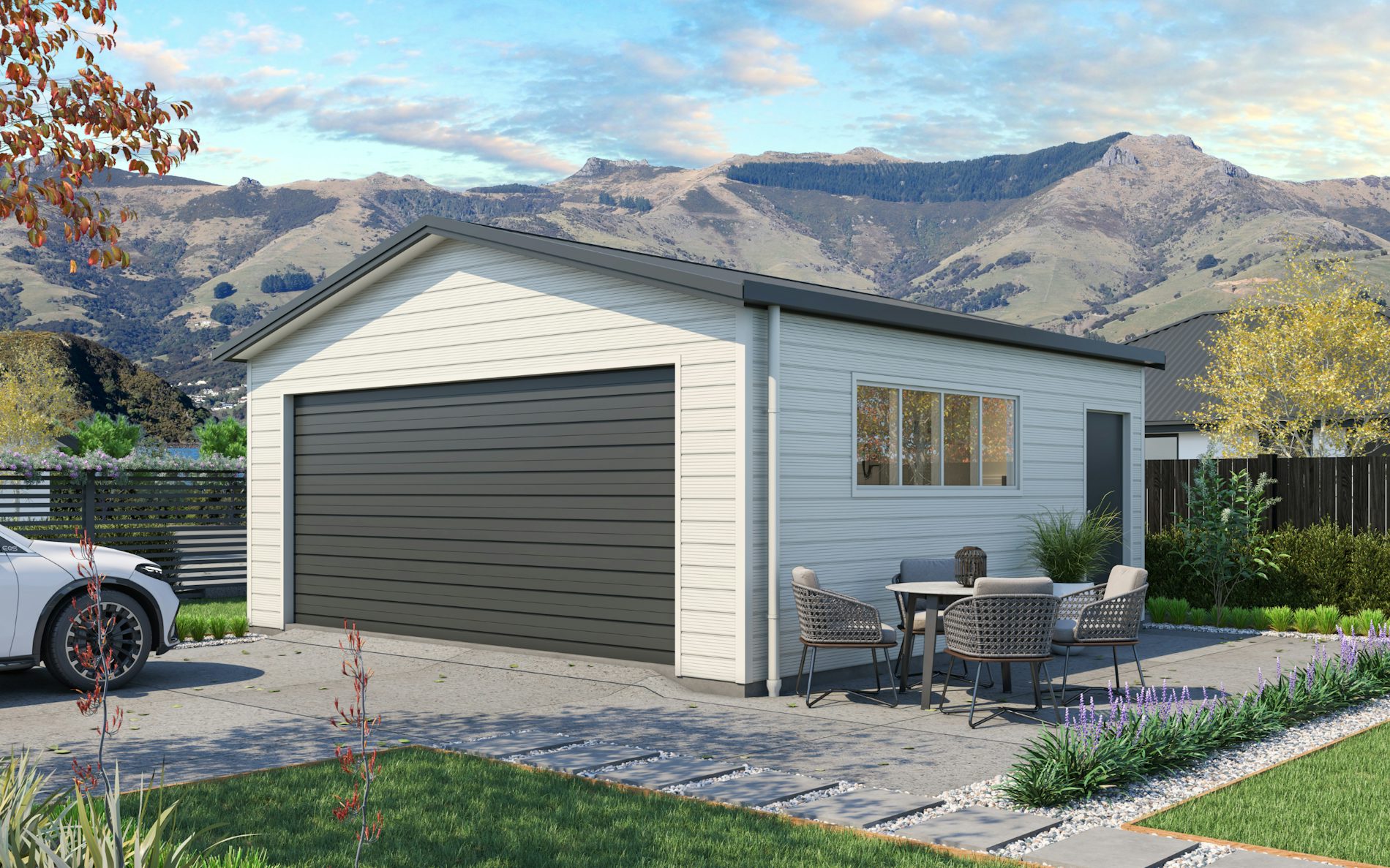 Pictured with Superclad™ cladding in COLORSTEEL® Titania and FlaxPod® roof, doors and trims. Image is illustrative only.