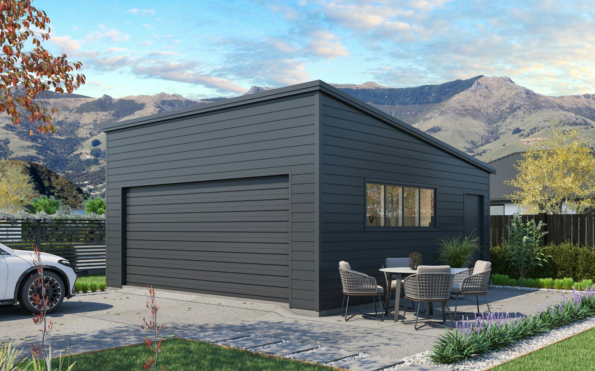 Pictured with Superclad™ cladding in COLORSTEEL® Grey Friars, with mono-pitch roof. Image is illustrative only.