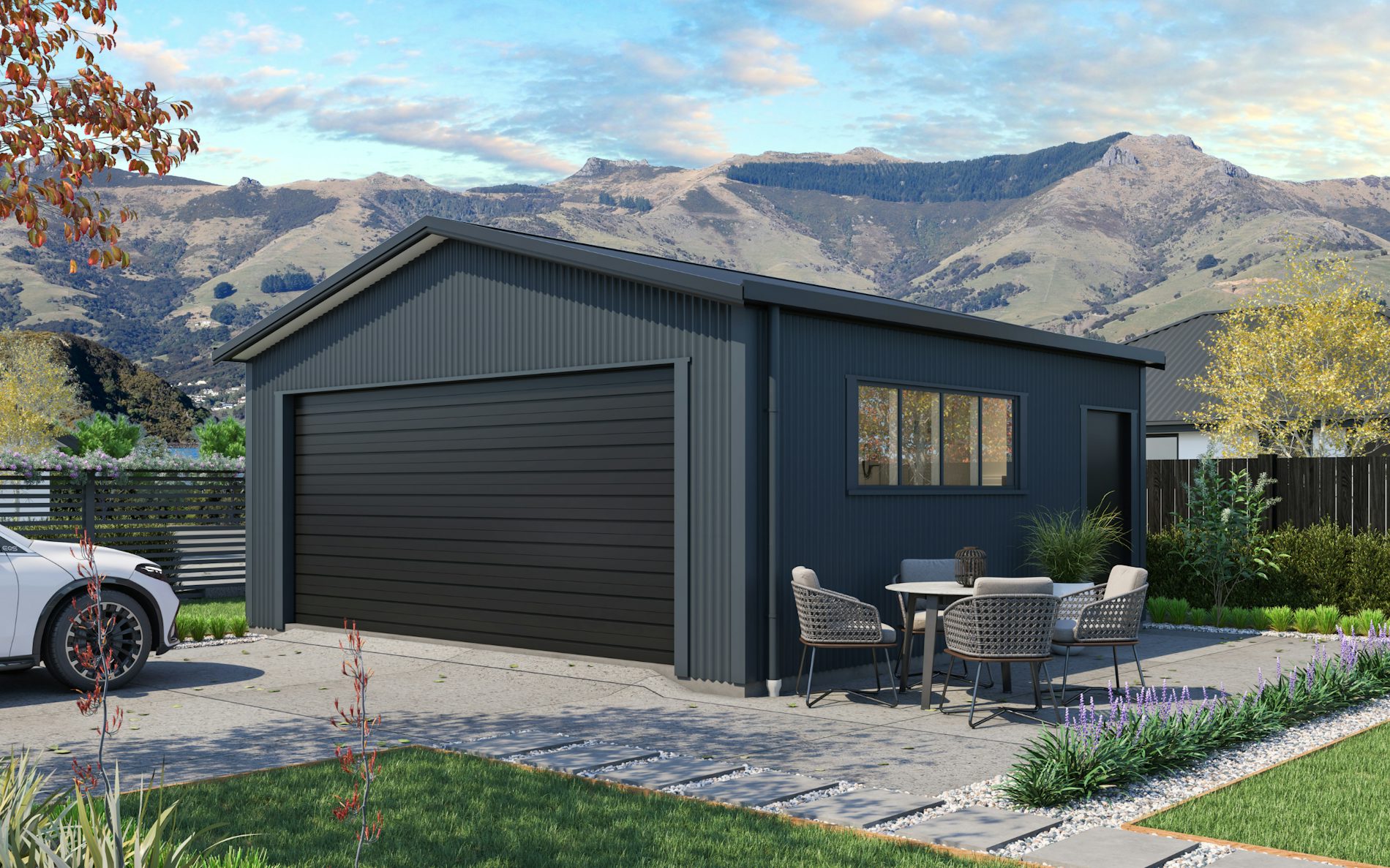 Pictured with Vertical Corrugate cladding in COLORSTEEL® New Denim Blue and Ebony roof, doors and trims. Image is illustrative only.