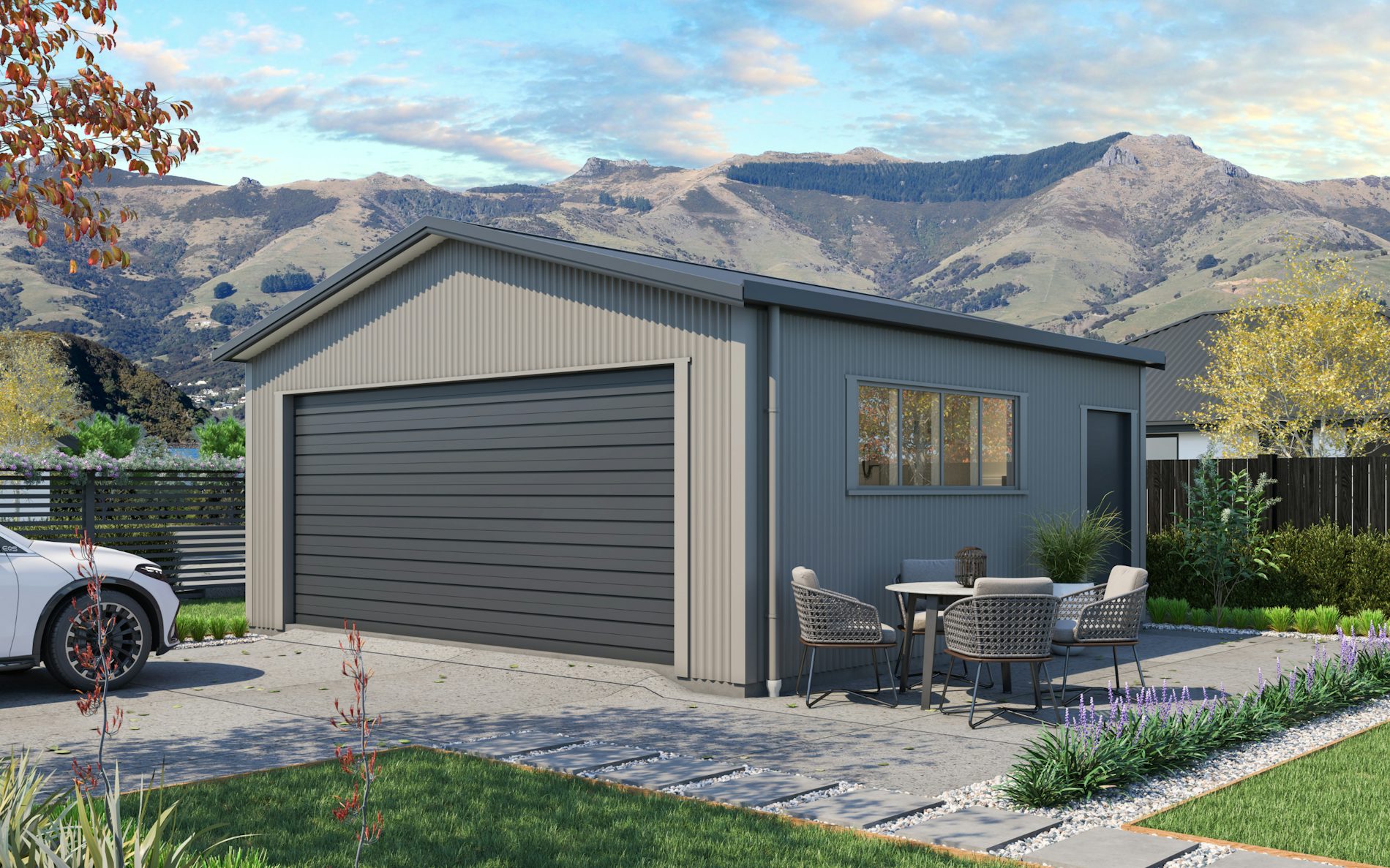 Pictured with Vertical Corrugate cladding in COLORSTEEL® Sandstone Grey and Grey Friars roof, doors and trims. Image is illustrative only.