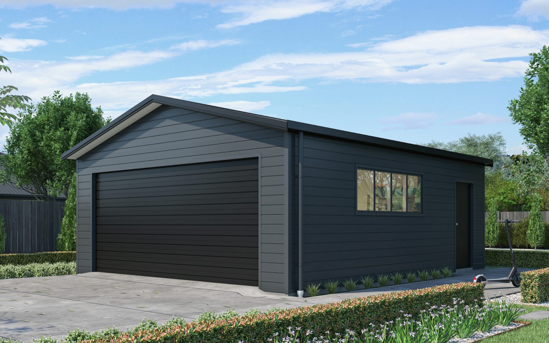 Pictured with Superclad™ cladding in COLORSTEEL® Grey Friars and Ebony roof, doors and trims. Image is illustrative only. 