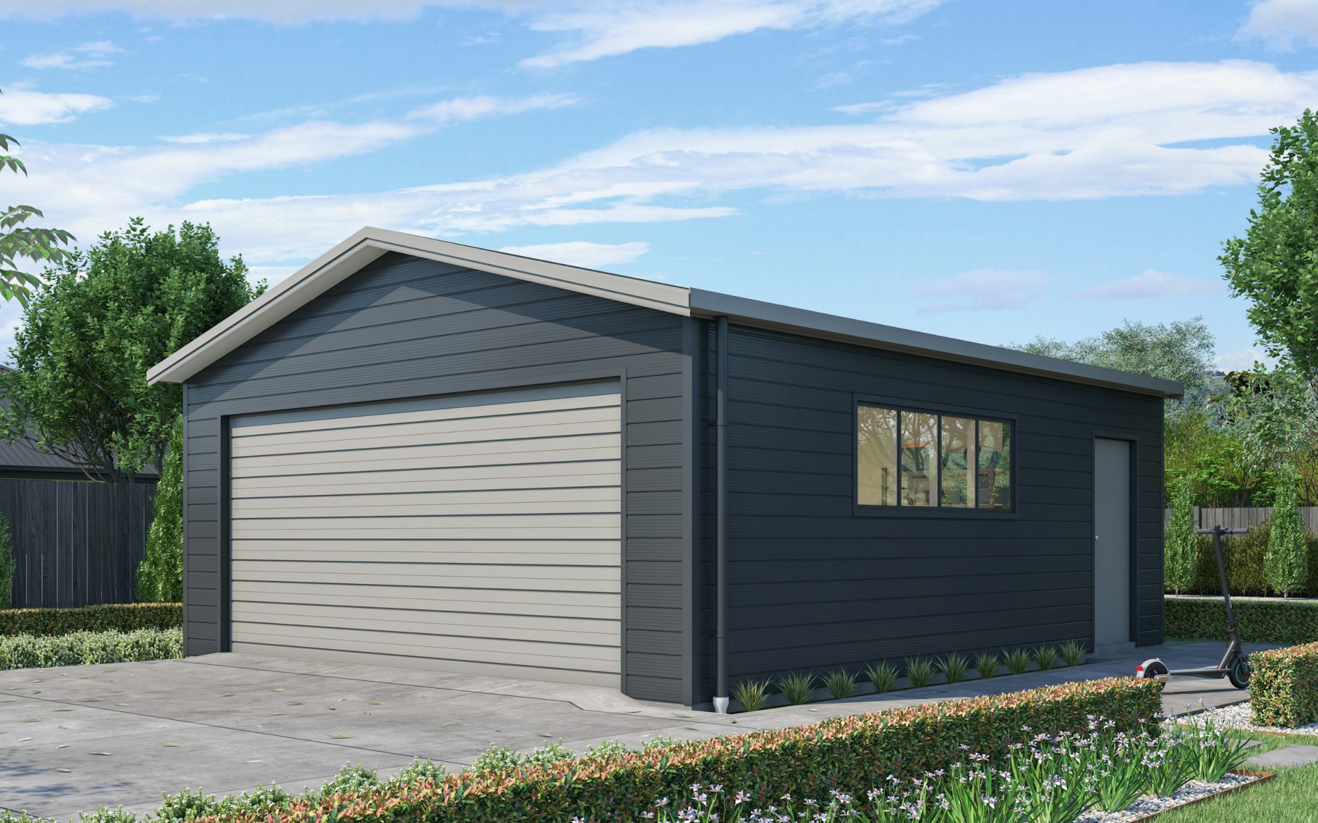 Pictured with Superclad™ cladding in COLORSTEEL® Sandston Grey and Grey Friars roof, doors and trims. Image is illustrative only. 