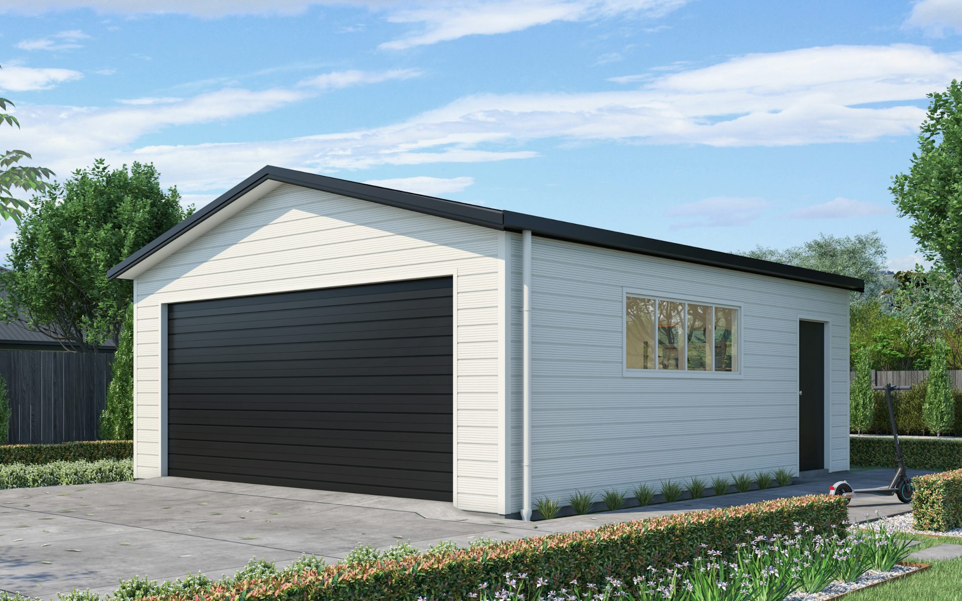 Pictured with Superclad™ cladding in COLORSTEEL® Titania and Ebony roof, doors and trims. Image is illustrative only. 