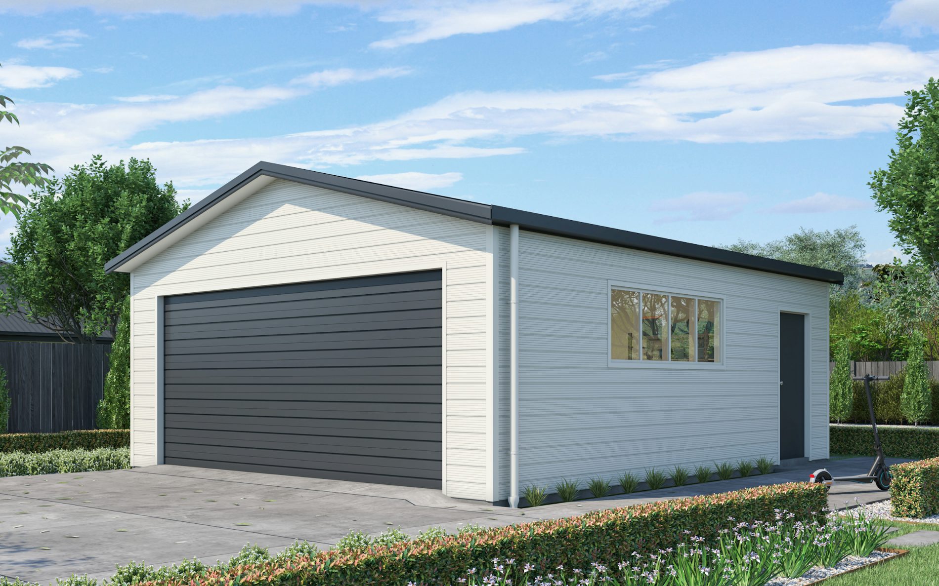 Pictured with Superclad™ cladding in COLORSTEEL® Titania and Grey Friars roof, doors and trims. Image is illustrative only. 