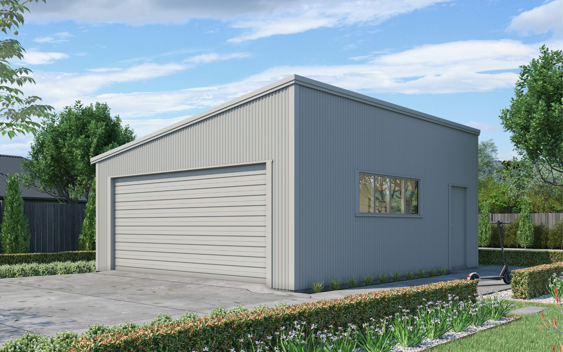 Pictured with vertical Corrugate cladding in COLORSTEEL® Gull Grey with mono-pitch roof. Image is illustrative only.
