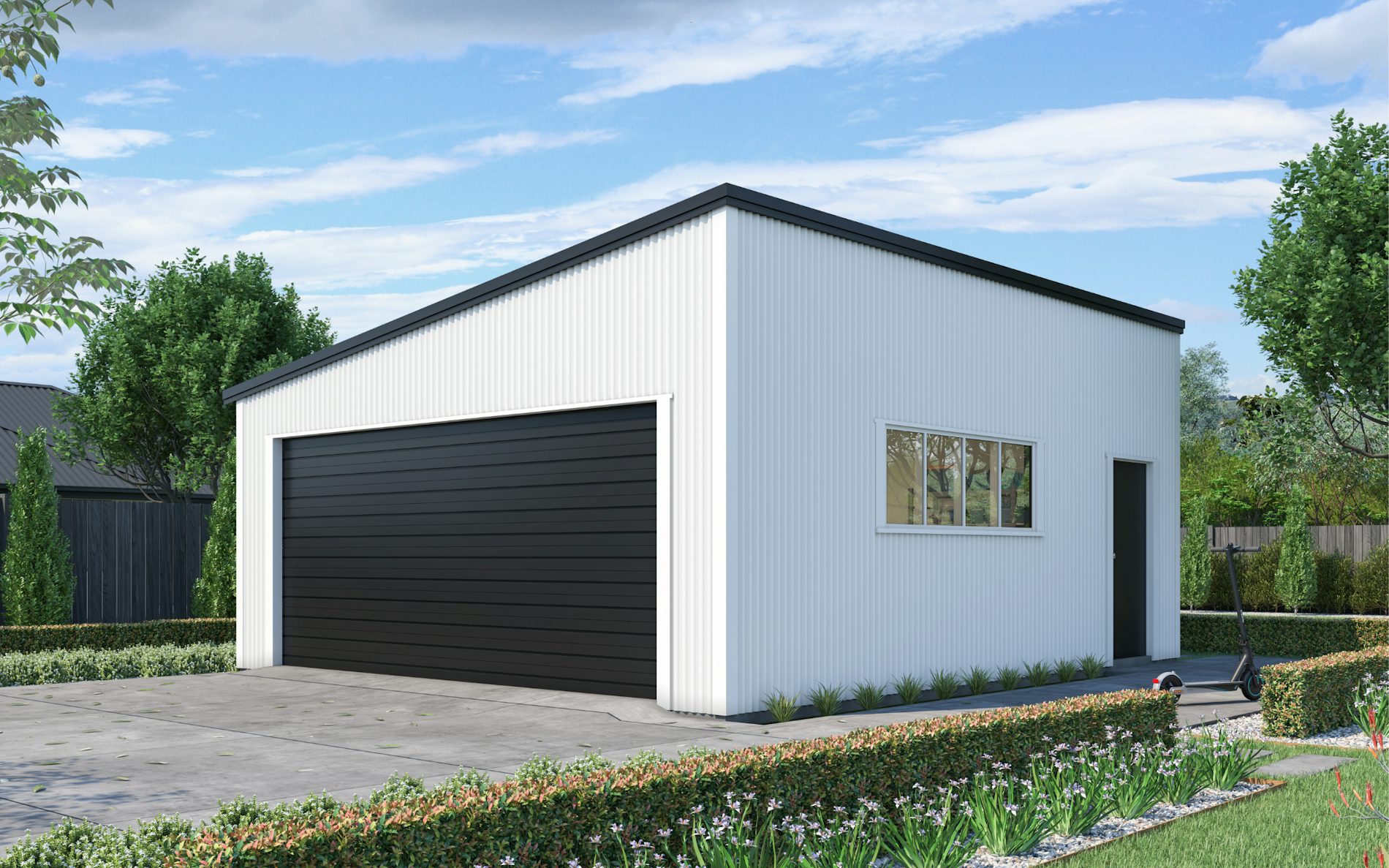 Pictured with vertical Corrugate cladding in COLORSTEEL® TuiTuft® and Ebony mono-pitch roof and door. Image is illustrative only.