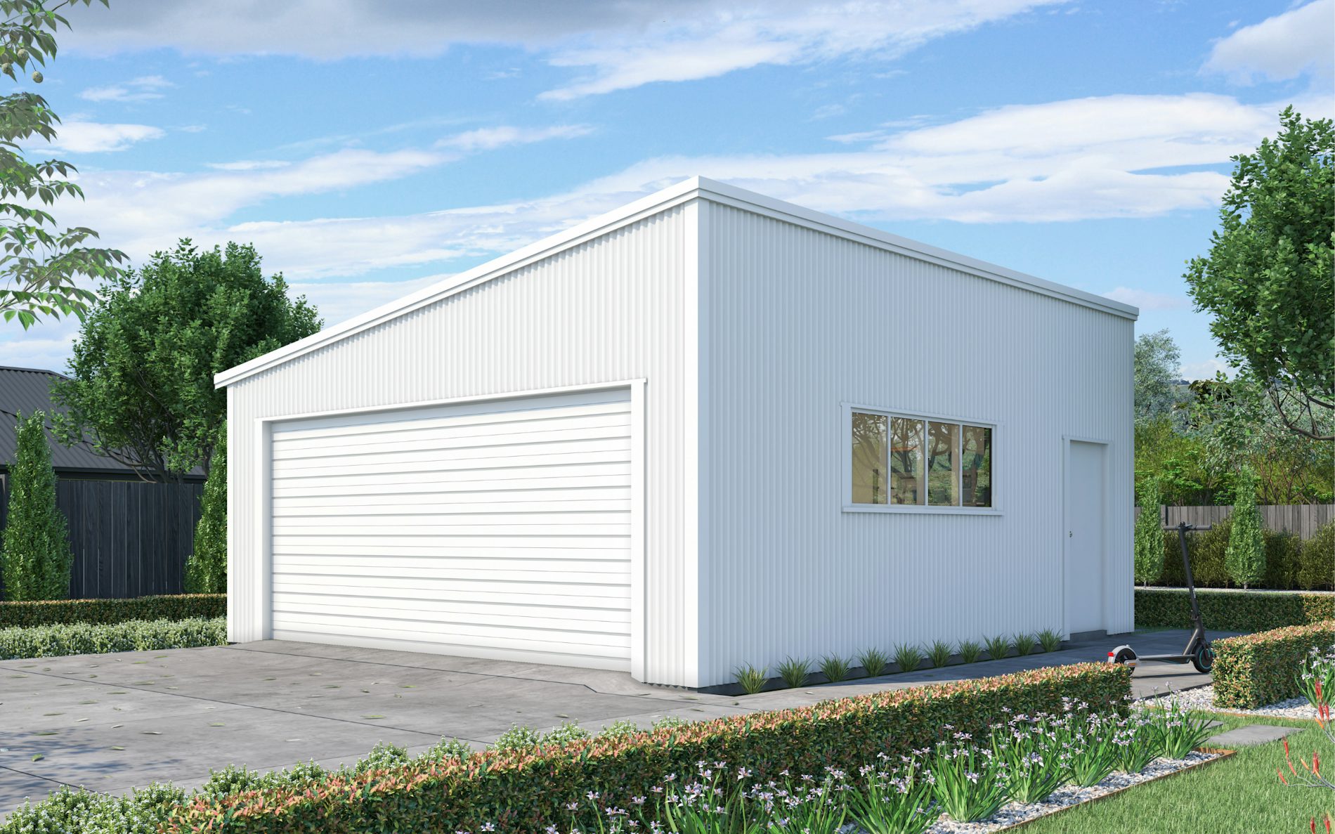 Pictured with vertical Corrugate cladding in COLORSTEEL® TuiTuft® with mono-pitch roof. Image is illustrative only.