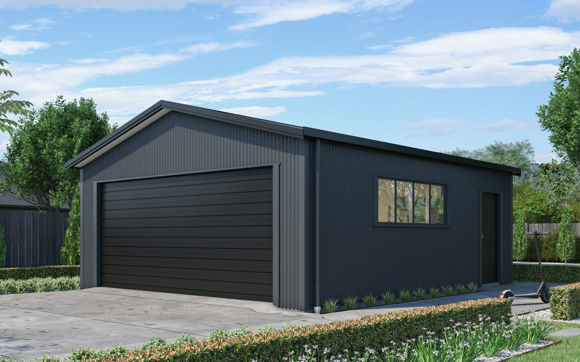 Pictured with vertical Corrugate cladding in COLORSTEEL® Grey Friars and Ebony roof, doors and trims. Image is illustrative only.