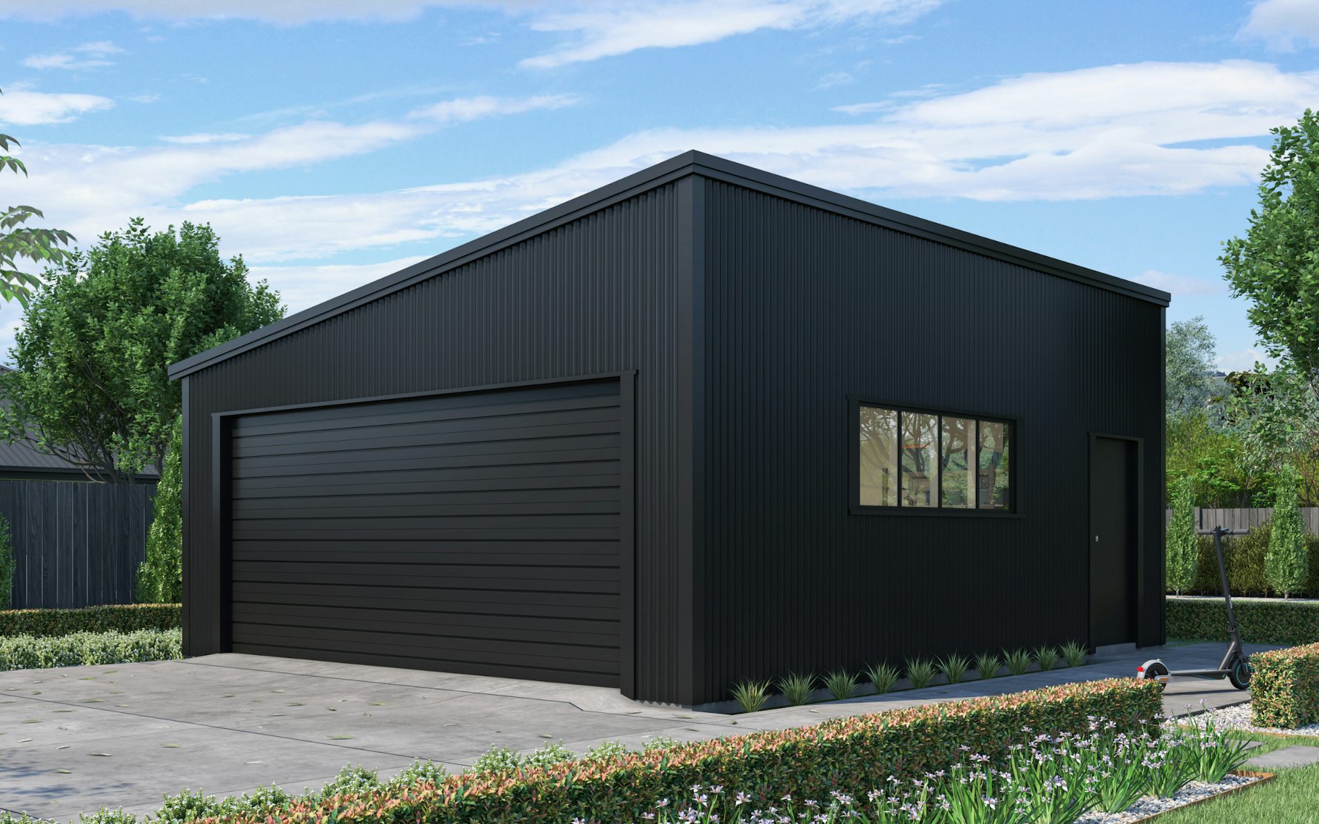 Pictured with vertical Corrugate cladding in COLORSTEEL® Ebony with mono-pitch roof. Image is illustrative only.