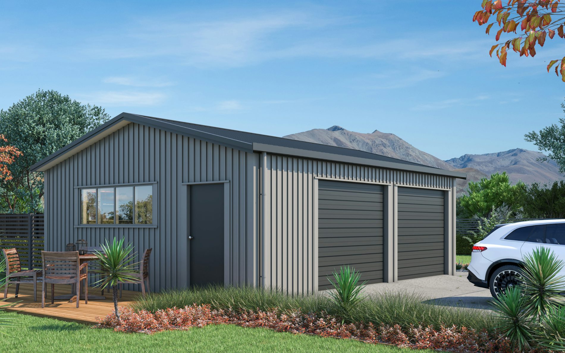 Pictured with 6-Rib Corrugate cladding in COLORSTEEL® Sandstone Grey and FlaxPod® roof, doors and trims. Image is illustrative only.