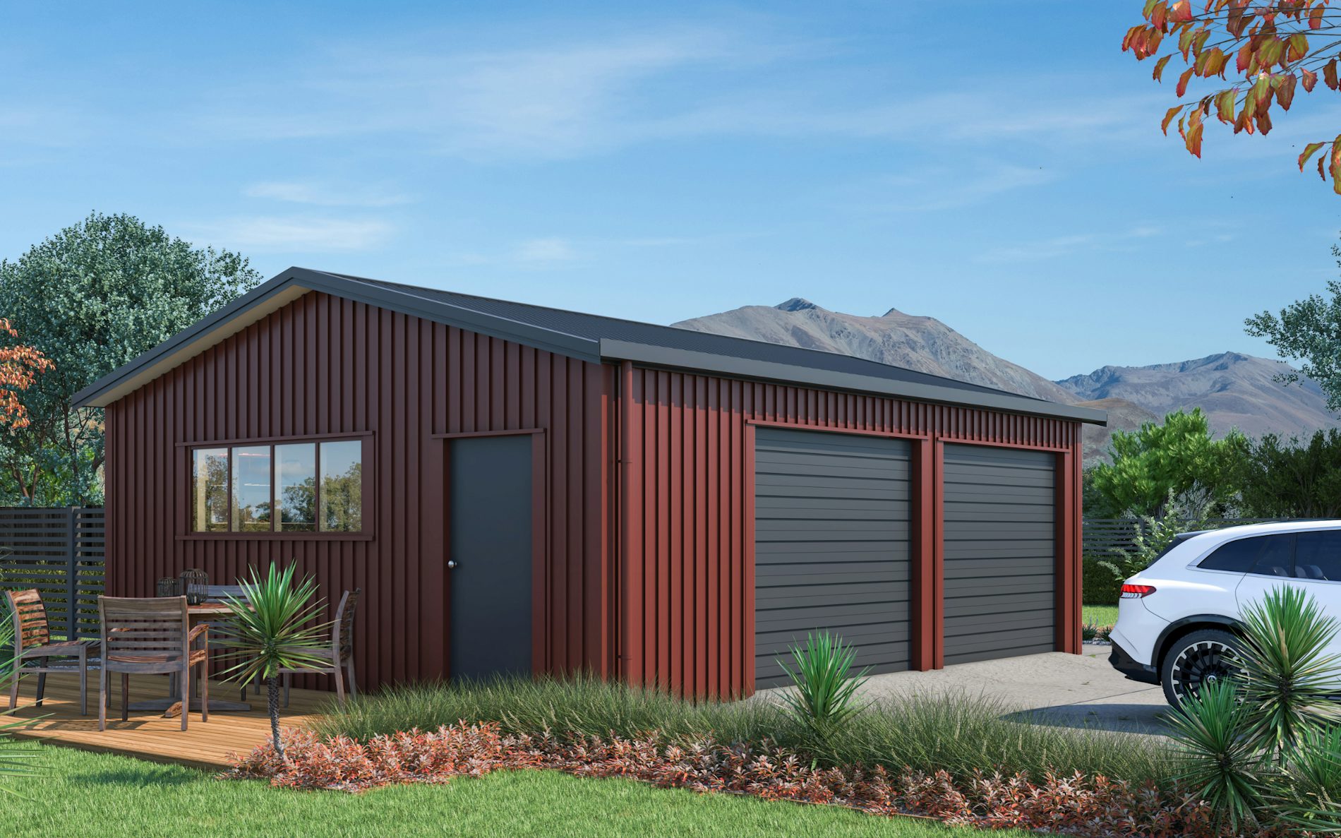 Pictured with 6-Rib Corrugate cladding in COLORSTEEL® Scoria and Grey Friars roof, doors and trims. Image is illustrative only.