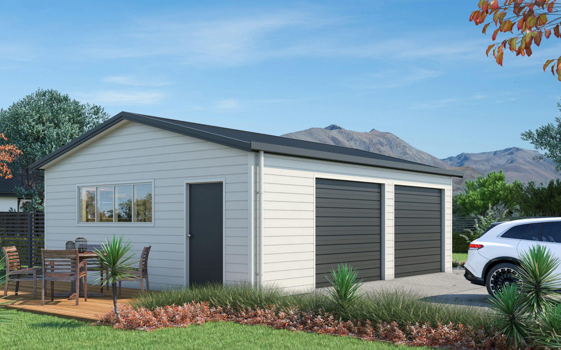 Pictured with Superclad™ cladding in COLORSTEEL® Titania and FlaxPod® roof, doors and trims. Image is illustrative only.
