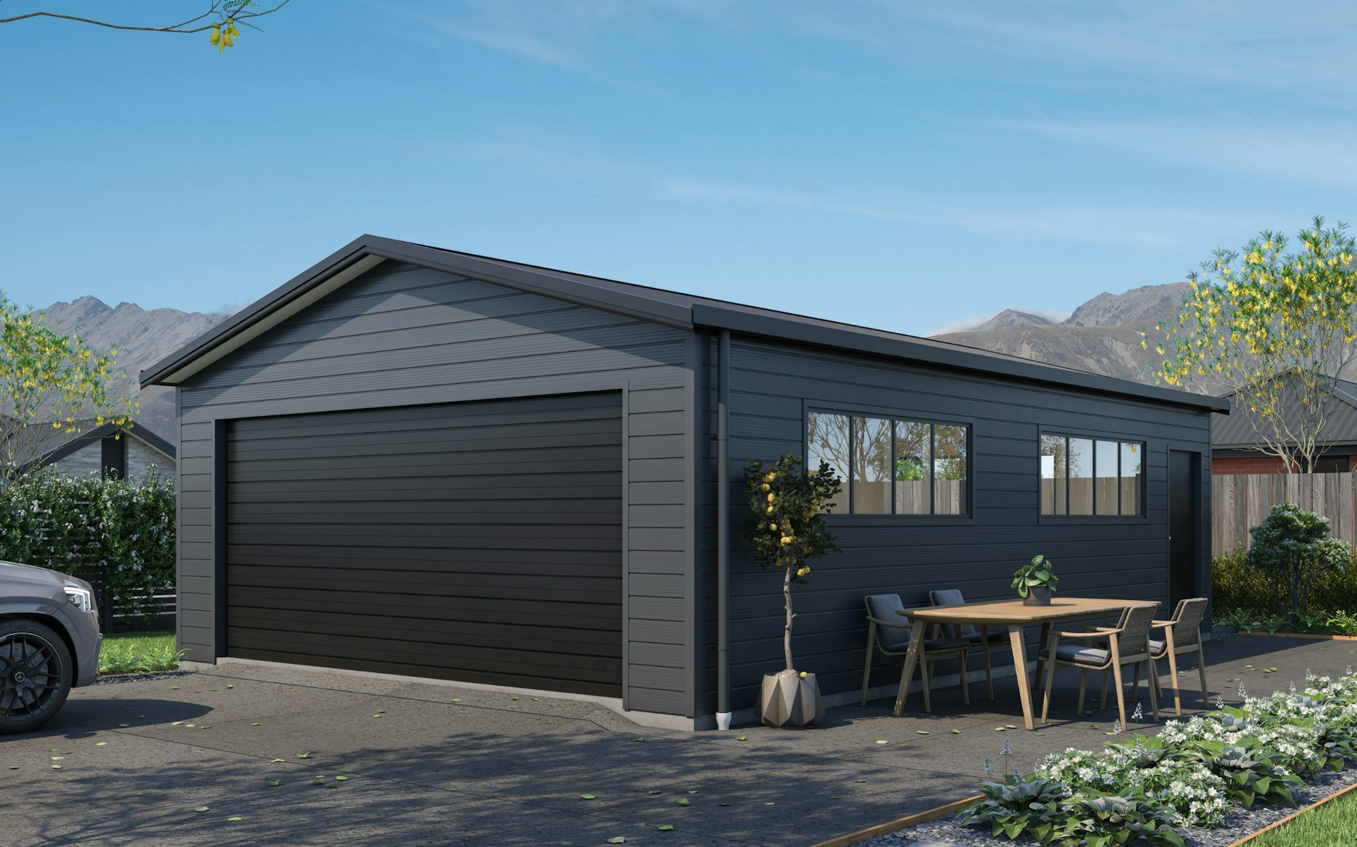 Pictured with Superclad™ cladding in COLORSTEEL® Grey Friars and Ebony roof, doors and trims. Image is illustrative only.